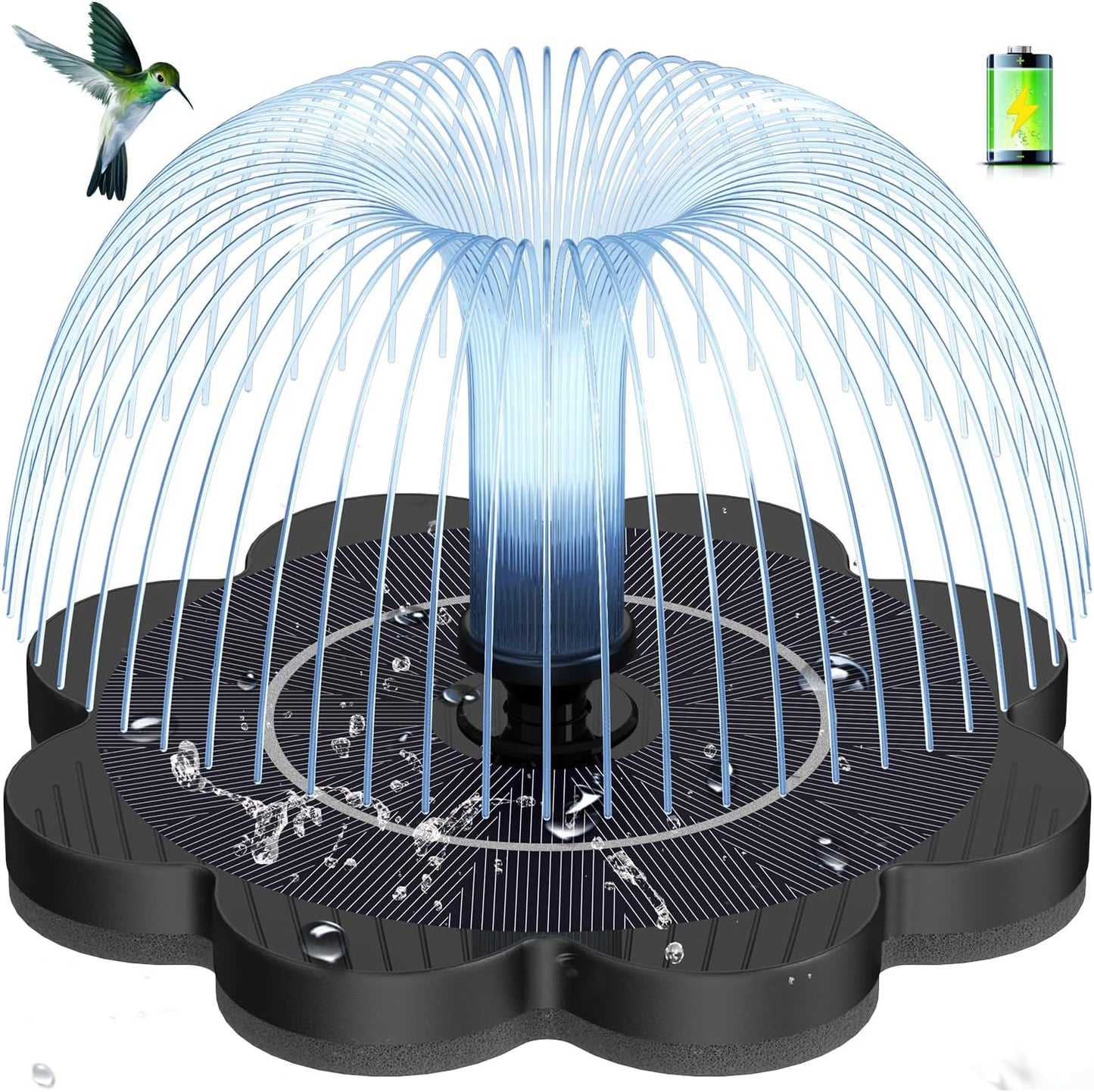 3.5W Solar Fountain with 2000mAh Battery - Work On Cloudy Day- Upgrade Lucky Flower Glass Panel Solar Bird Bath Fountains, Hummingbird Water Fountain Pumps for Birdbath, Pool, and Pond