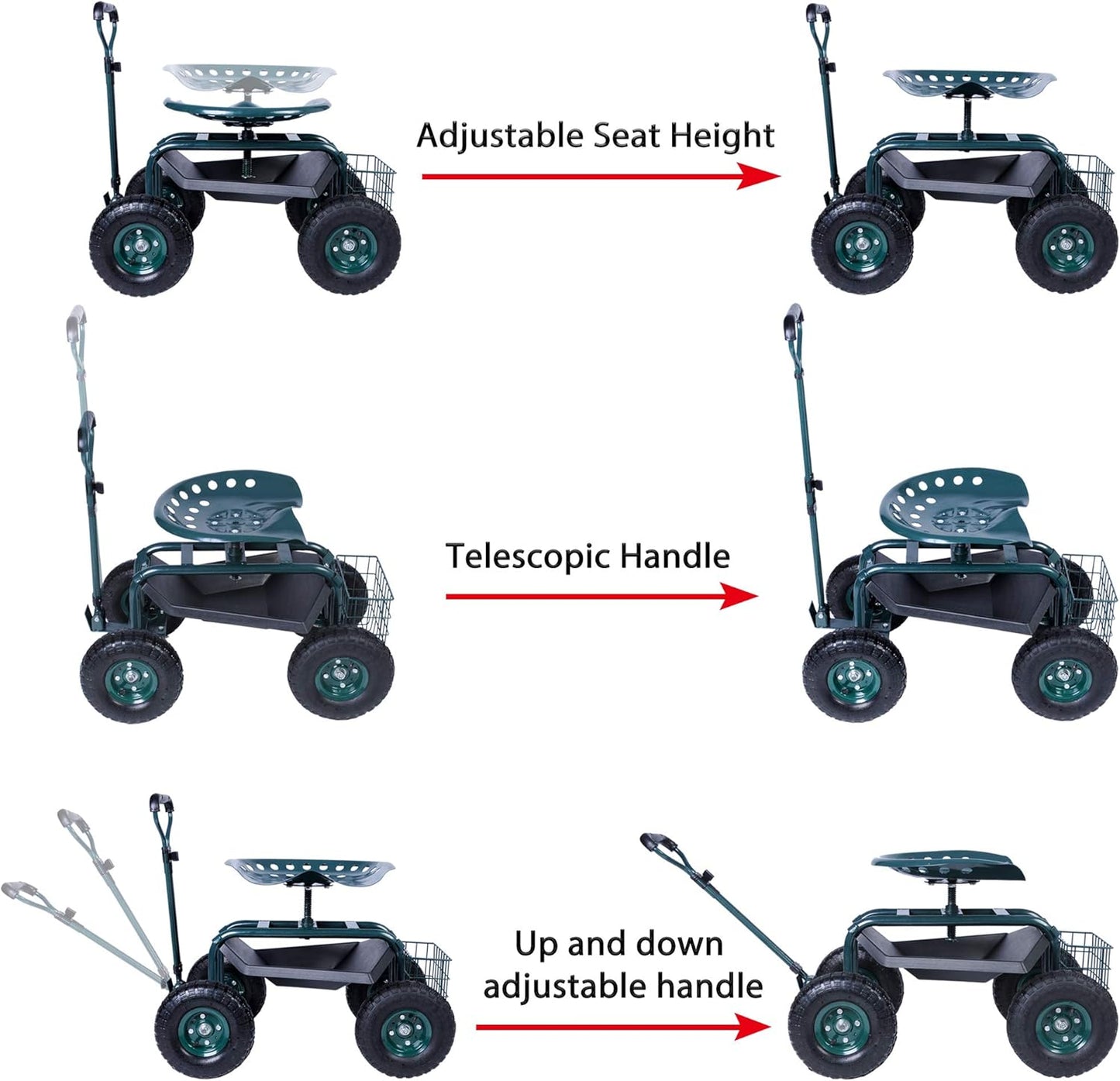 Heavy Duty Garden Cart with Seat and Wheels - Rolling Scooter Work Seat Utility Tool Cart - 330lbs Weight Capacity