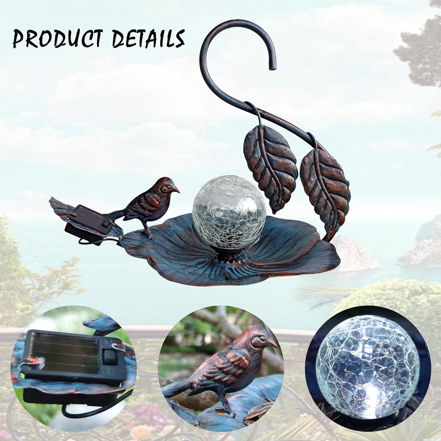 Solar Bird Feeder for Outdoors Hanging, Metal Wild Cardinals Garden Solar Light with S Hook, Weatherproof and Water Resistant Birdfeeders as Gift Idea for Bird Lovers (Blue Gold)