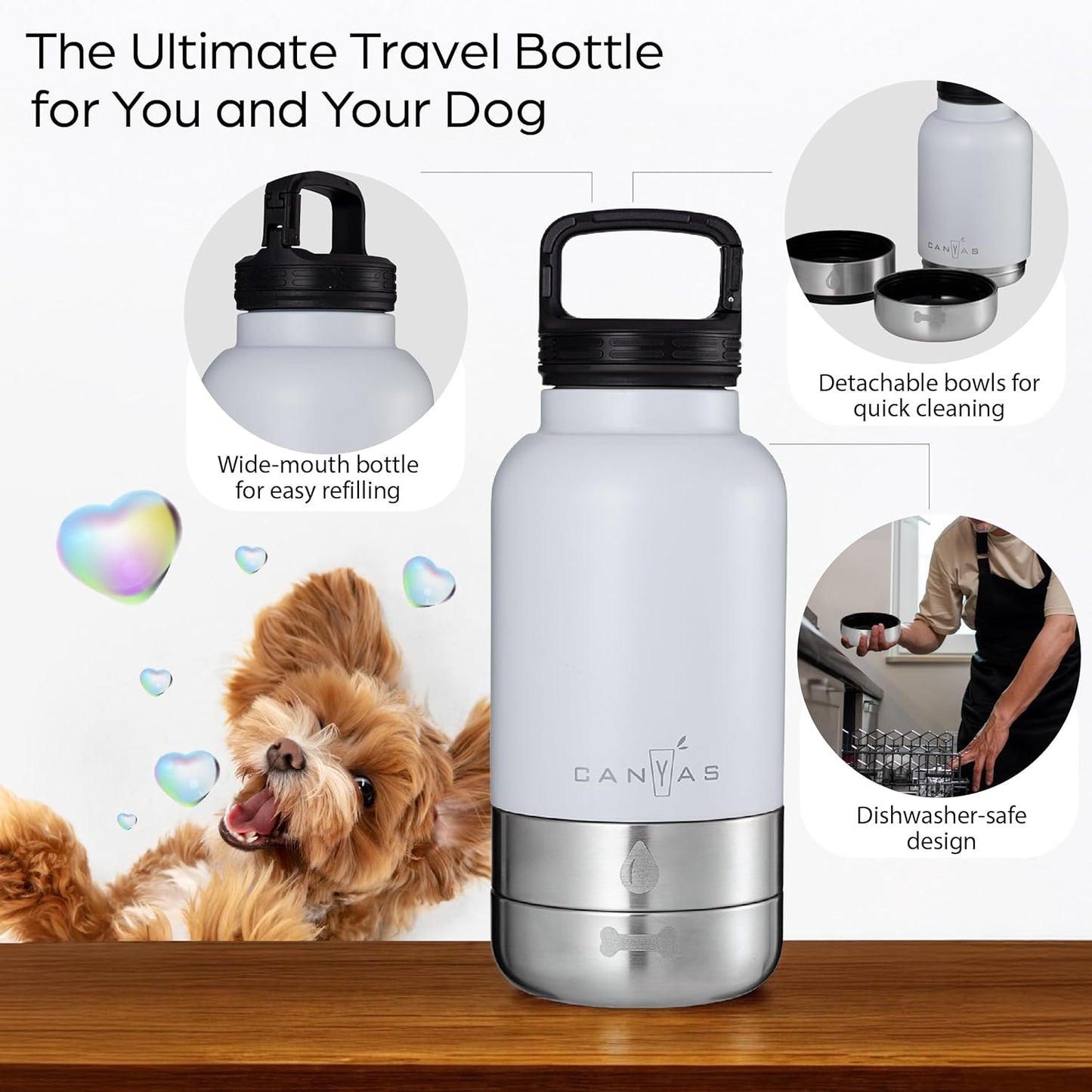 Insulated 32oz Stainless Steel Dog Water Bottle with Food & Water Bowl