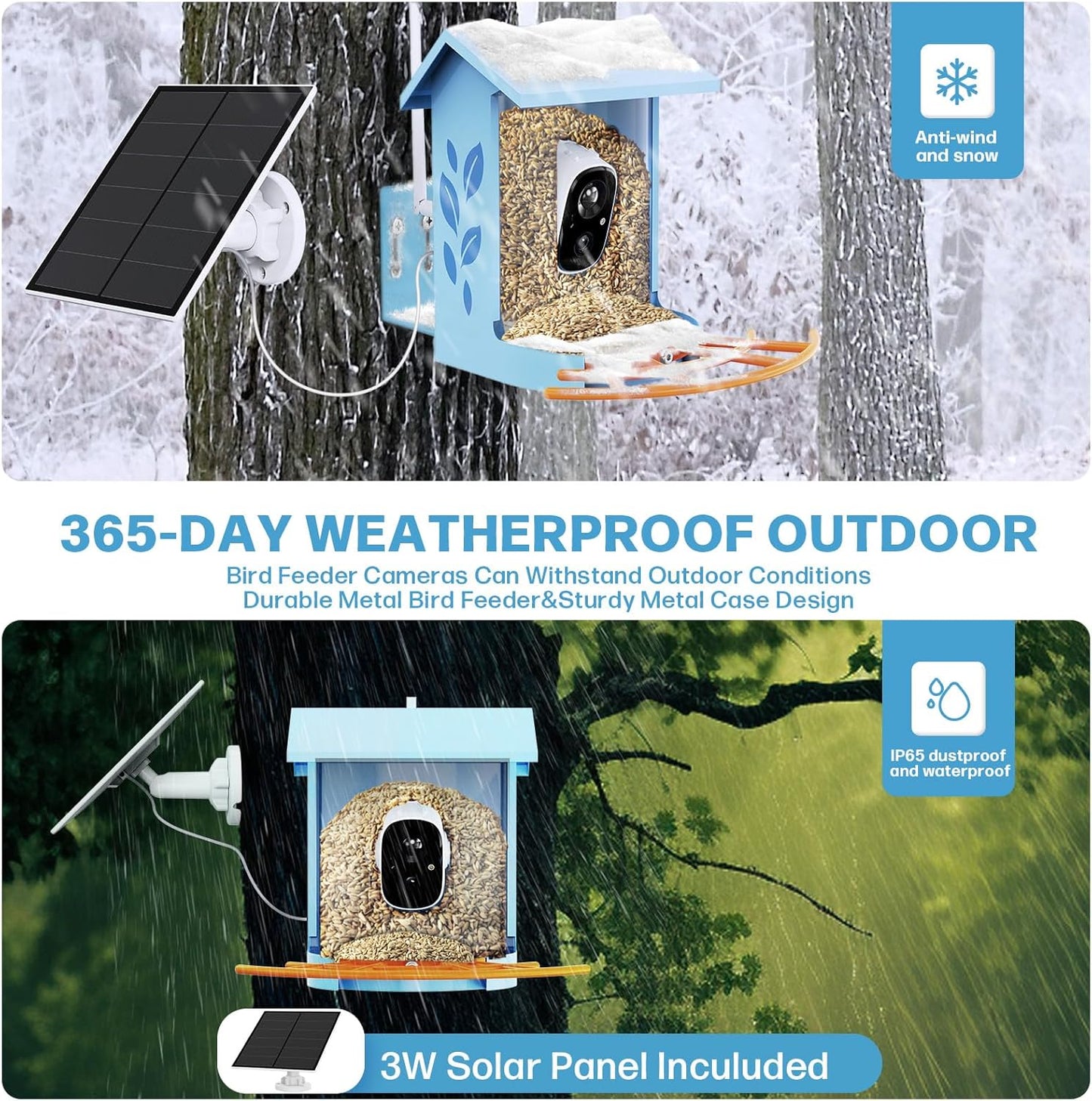 Bird Feeder with Camera Smart Solar Powered Birds Feeder with 1080P FHD, Auto Motion Detect & Notify, AI Identify 11000+ Bird Species Identification & 3W Solar Panel, (with Solar Panel)