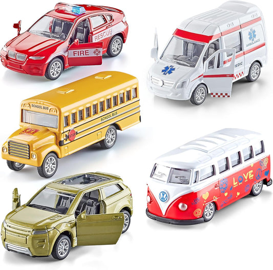 KIDAMI Die-cast Metal Toy Cars Set of 5, Openable Doors, Pull Back Car