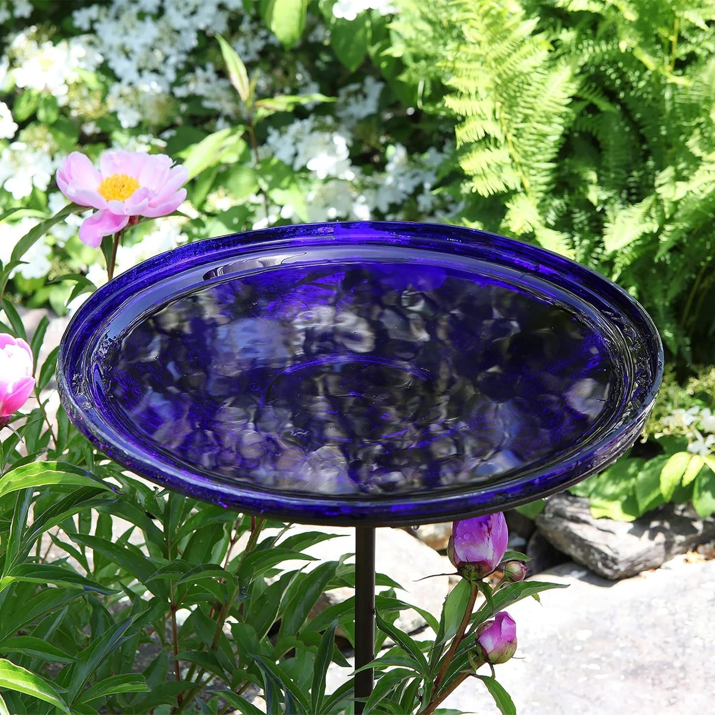 Achla Designs Crackle Glass Birdbath Bowl with Stake, 14-in, Cobalt Bl