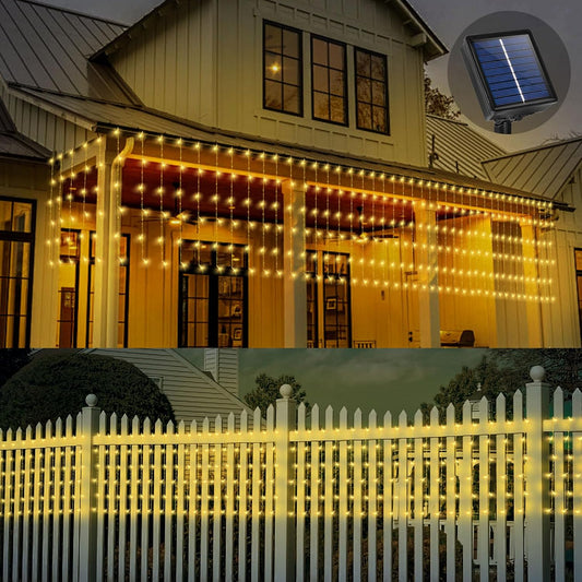 32.8 * 3.28FT Large Size Solar Curtain Icicle Lights Outdoor, 8 Modes Outdoor String Icicle Curtain Lights, Solar Christmas Garden Light for Patio, Gazebo, Eaves, Fence, Tree, Porch (Warm White)