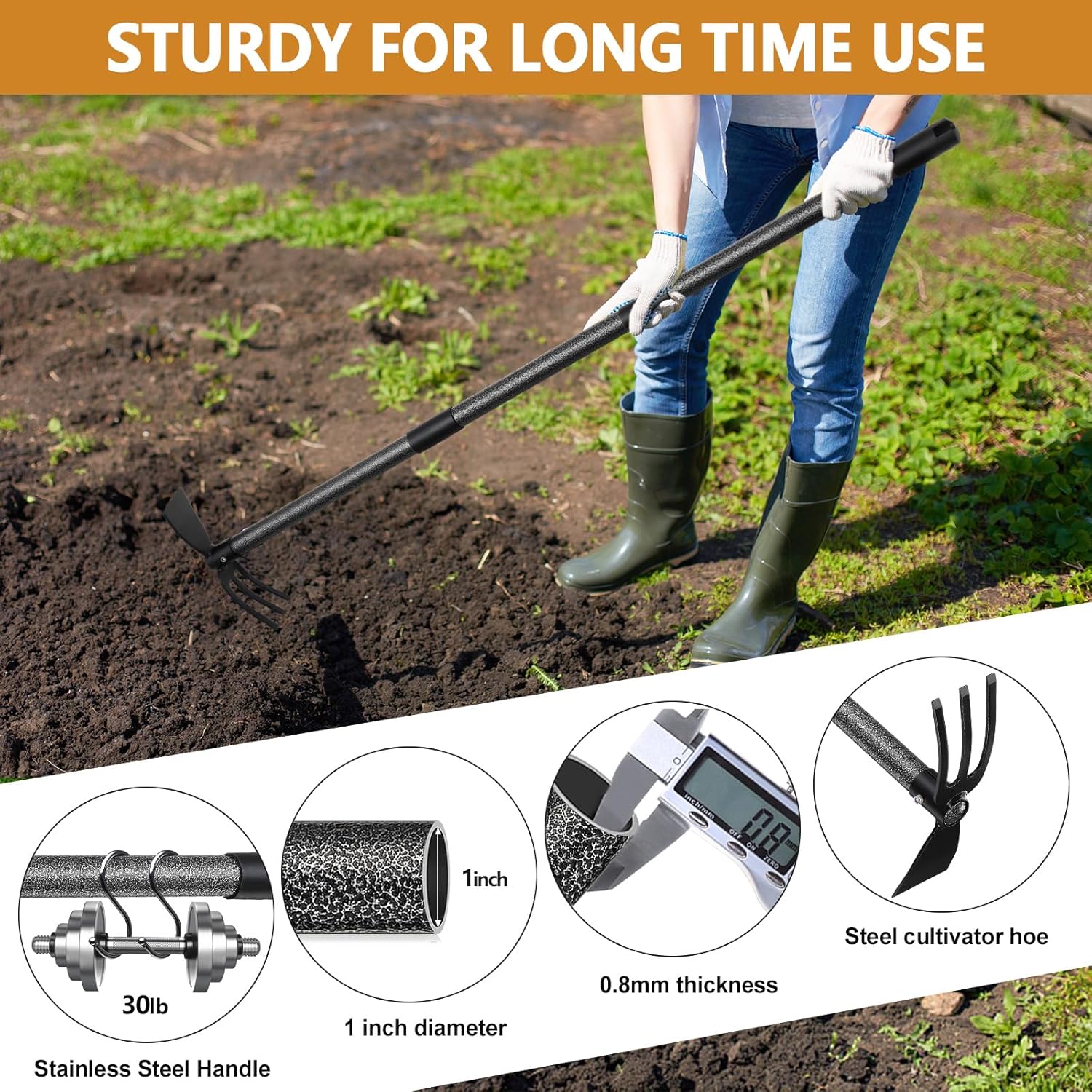Garden Hoe Tool, 2-in-1 Heavy Duty Dual-Head Weeding Tool, 45" Adjusta