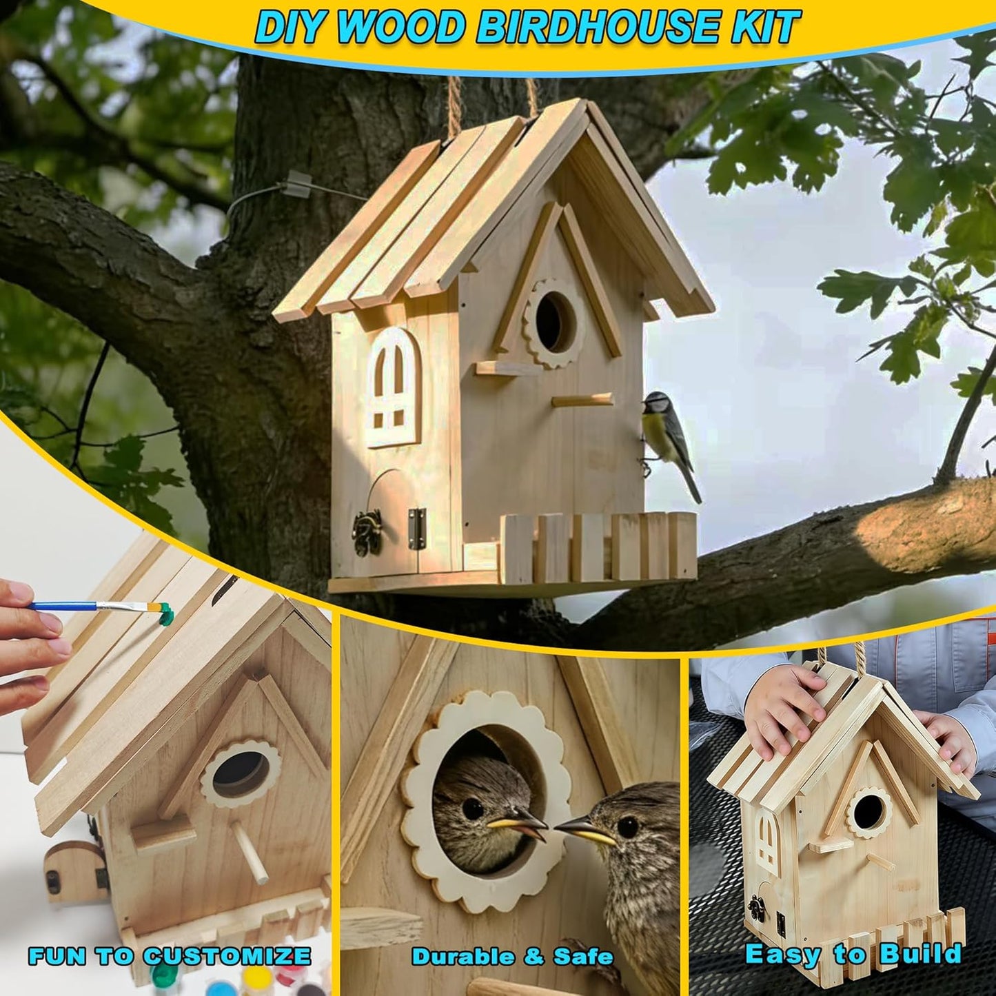 Wooden Bird Houses Kit for Kids and Adults, DIY Craft for Adults with Paint Set, Art Craft Outdoor Birdhouse, Hanging Birdhouse for Garden Yard Decor (1 Pack)