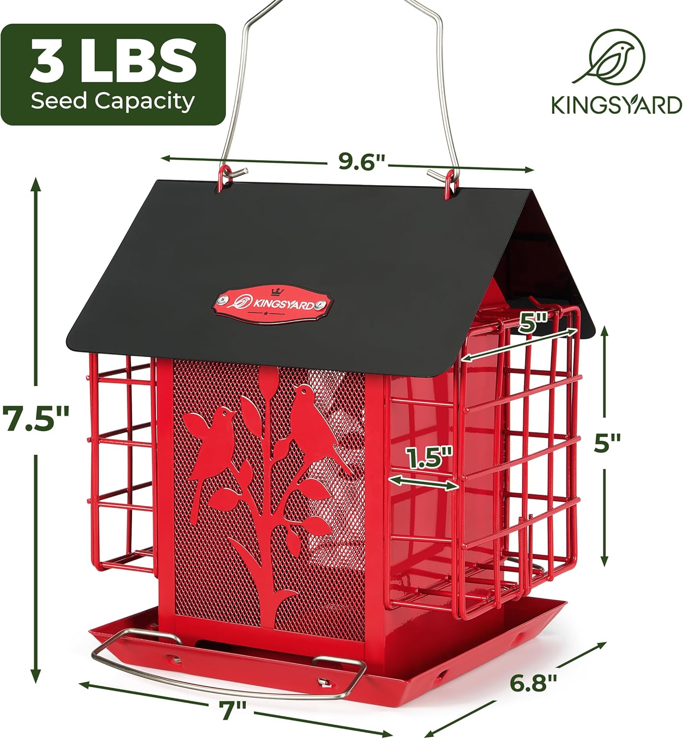 Kingsyard Metal Bird Feeder for Outdoor Hanging, Wild Bird Feeder with Double Suet Cage, Weatherproof Roof and 3 lbs Large Seed Capacity, Red