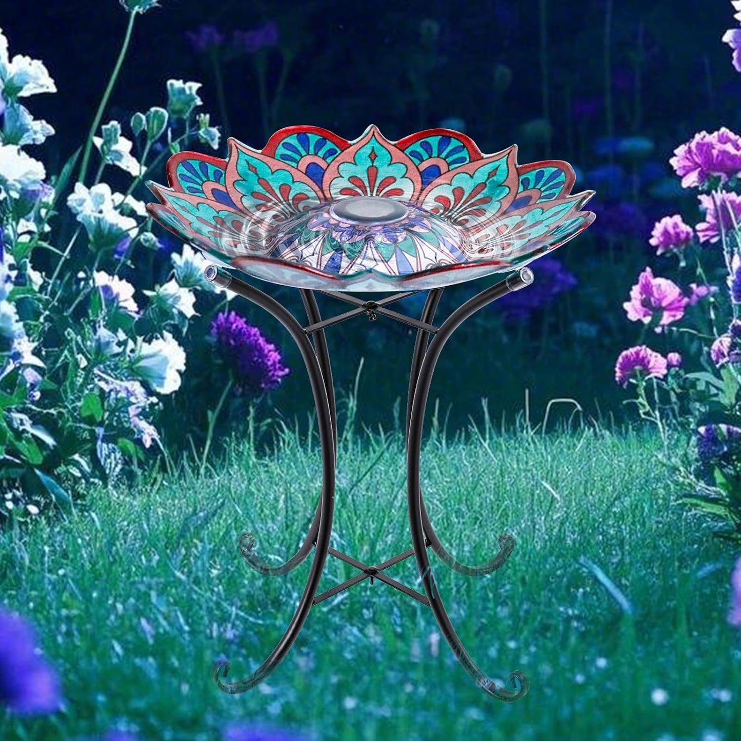 MUMTOP Bird Baths for Outdoors, Glass Large Solar Bird Bath Bowl with Metal Stand, Kaleidoscope Bird Feeders for Outside and Garden, Patio,Lawn Decor (Flower Edge)