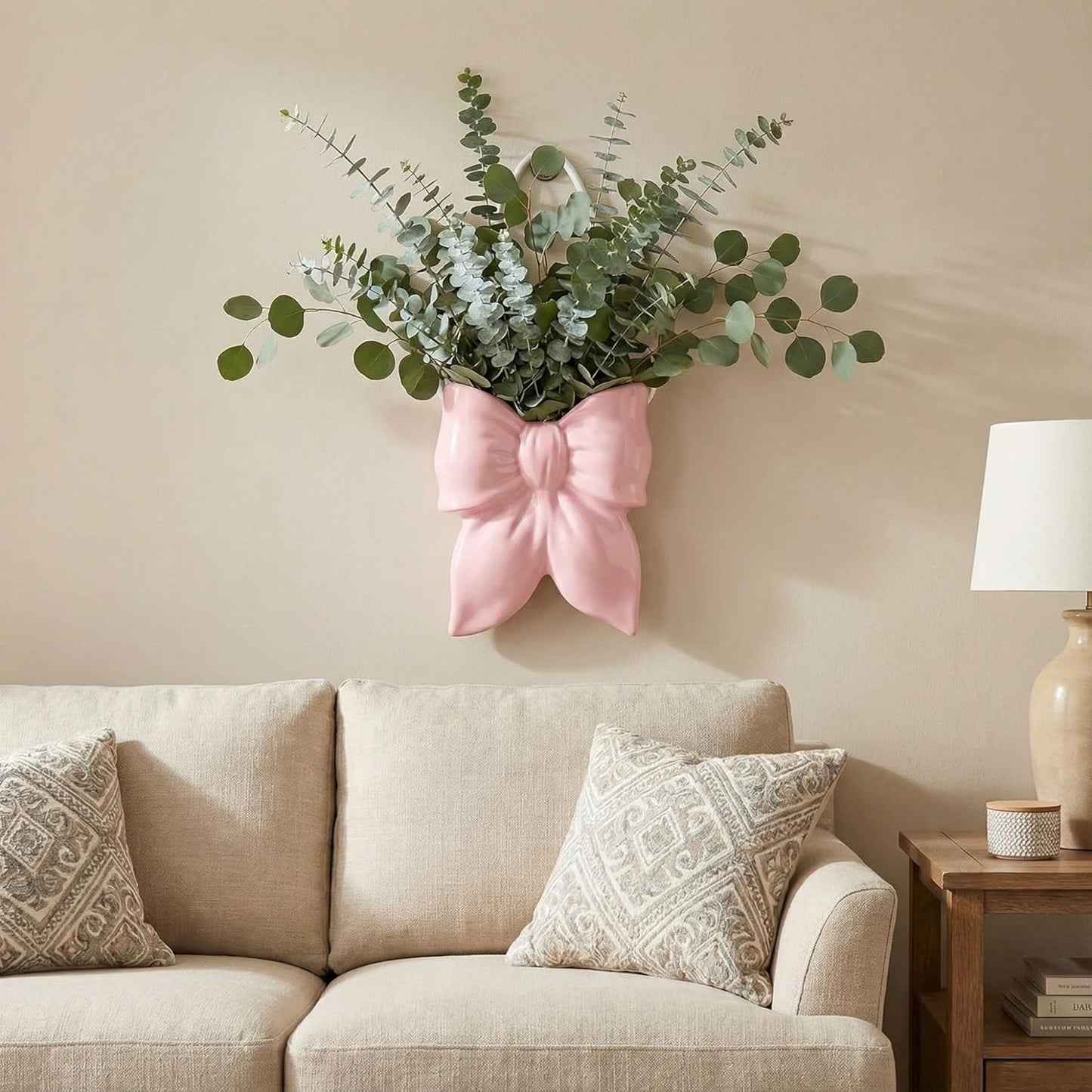 Bohemian Wall Planter Ceramic Wall Vases for Flowers Bow Hanging Vase Flower Pot Coquette Room Decor Boho Planters for Indoor Plants Living Room Home Bedroom Indoor Outdoor(Pink)