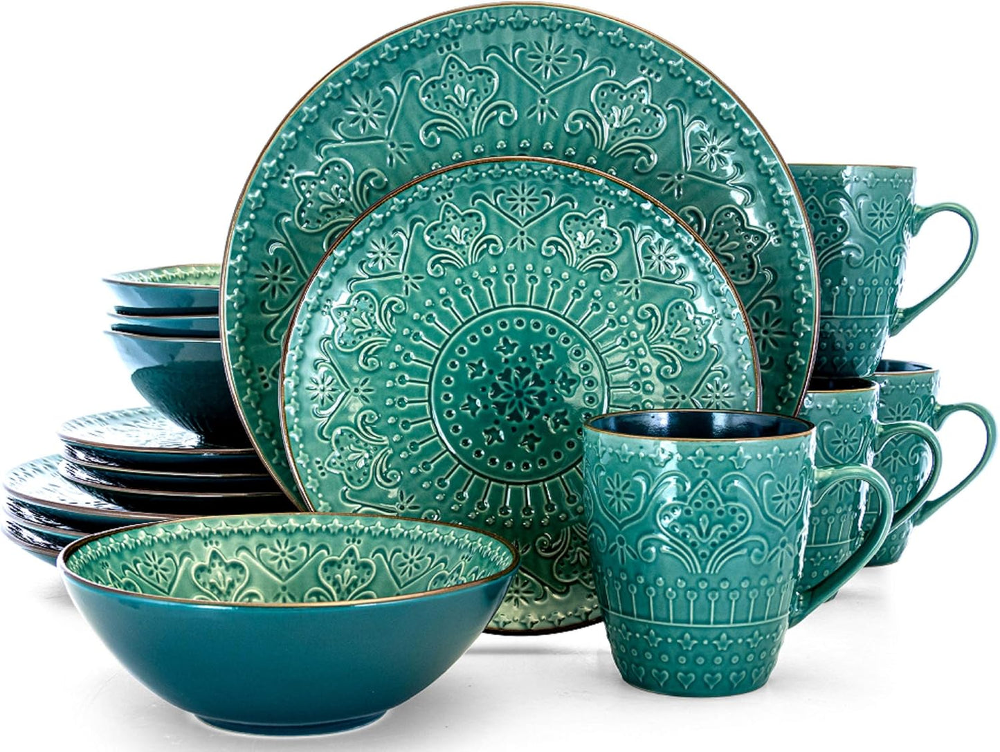 Elama Sea Foam Mozaic 16 Piece Round Stoneware Dinnerware Set in Sea G