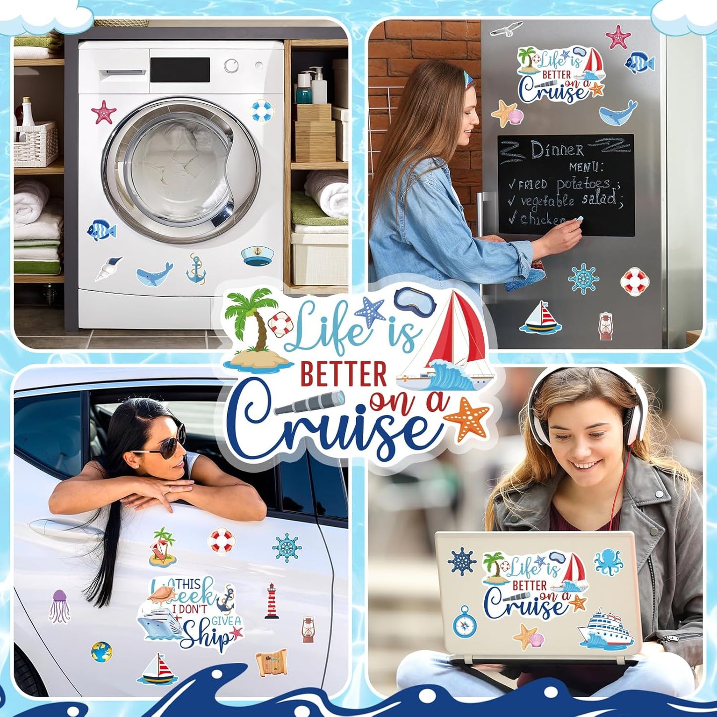 27PCS Cruise Door Decorations Magnetic, Large Nautical Ship Magnets Reusable Funny Carnival Cruise Cabin Magnets Stickers for Door Decorations Fridge Car Computer