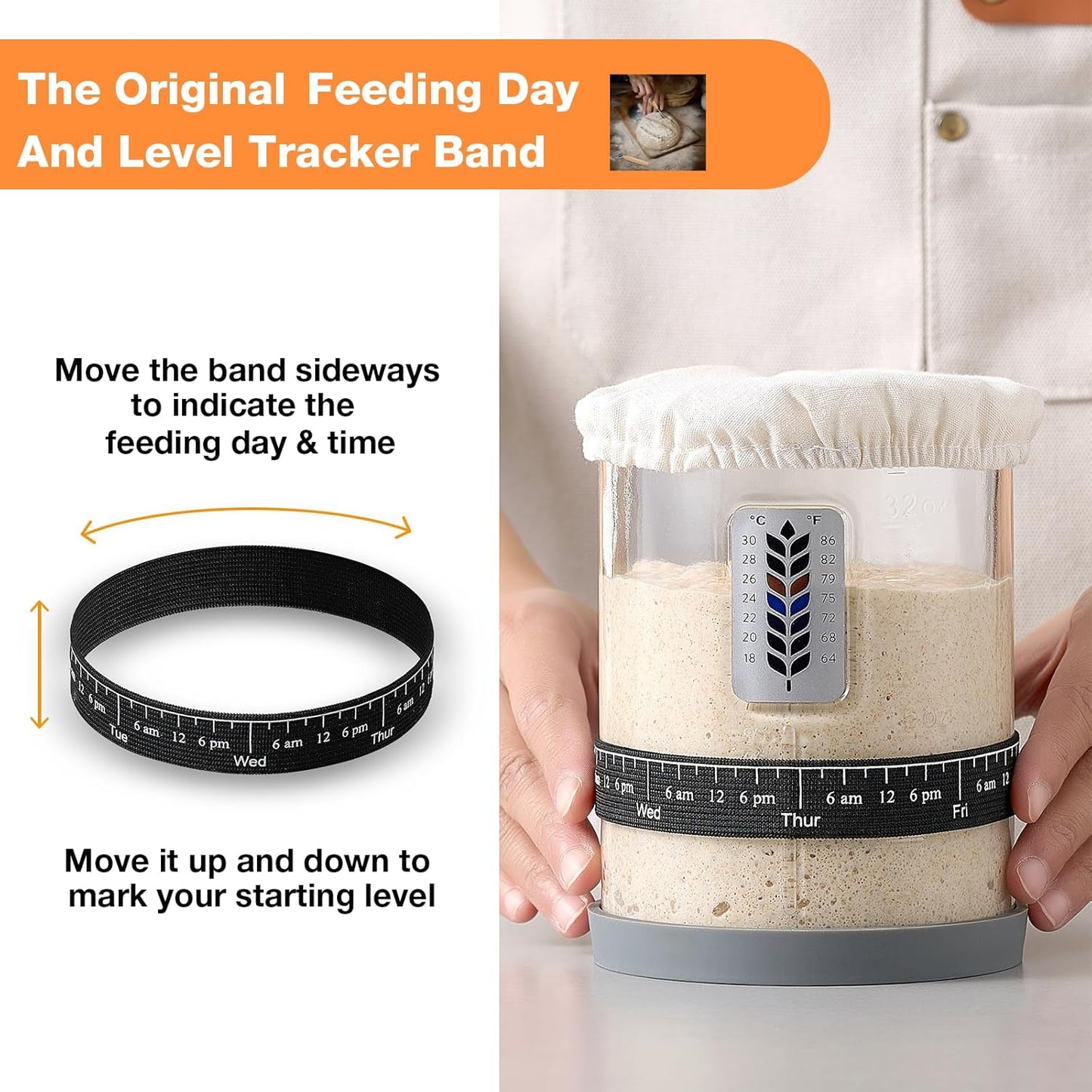 Premium Pro Sourdough Starter Jar Kit - 40oz Large Wide Mouth Sourdough Bread Jar with Marked Feeding Band, Thermometer, Scraper, Cloth Cover and Silicone Lid/Base, Glass Container, Baking Supplies