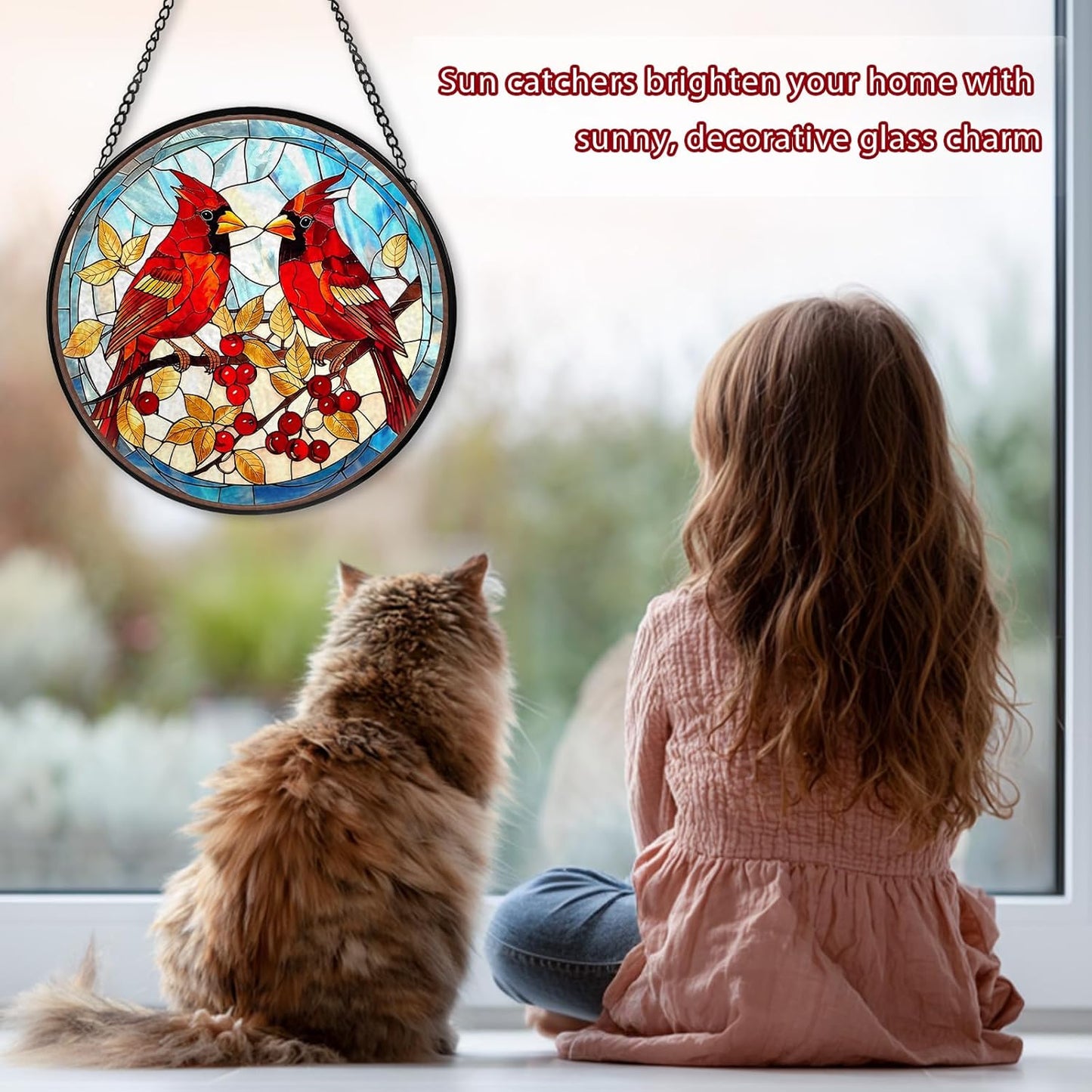 Red Cardinal Stained Glass Window Hanging, Hummingbird Suncatcher Diamond Glass Panel Hangings, Handmade Bird Sun Catchers Windows Wall Art, Gift for Mom, Christmas Decor for Home Office 7.87 inches