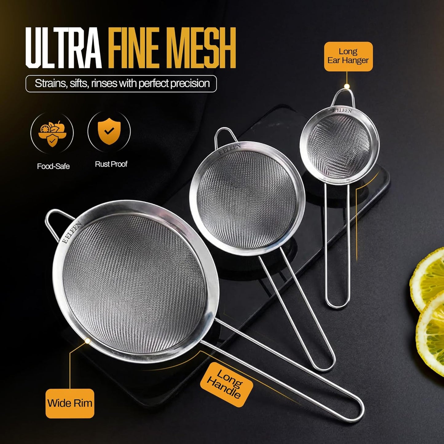 ELEEN Premium Stainless Steel Fine Mesh Strainers for Kitchen 3-Piece Set with Non-Slip Handle, Small, Medium & Large Sieves, Colanders and Sifter for Sifting, Straining, Pastas Tea, Rice Vegetables