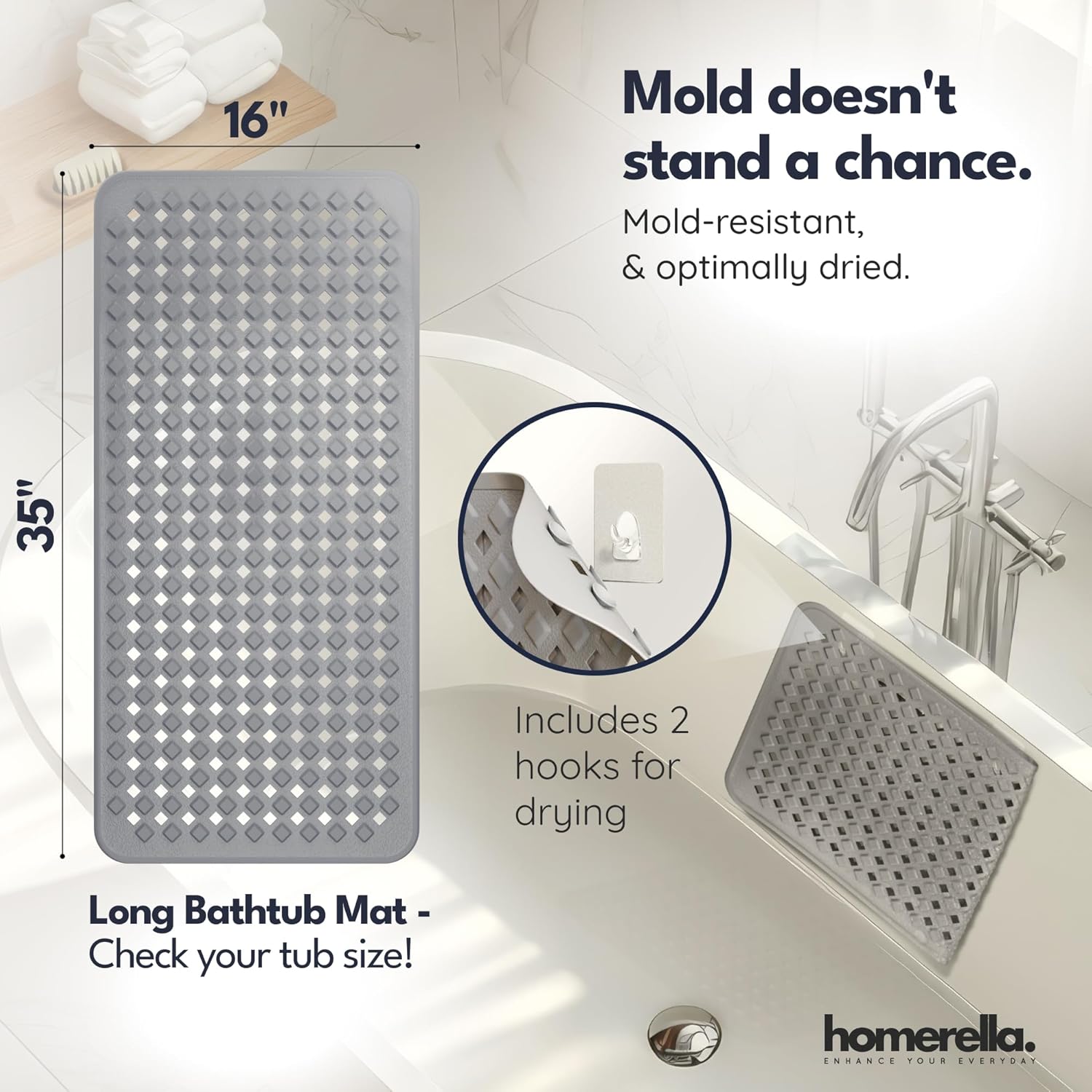 Bathtub Mat Non Slip 35x16 - homerella® Bath Mat Incl. Hooks for Dryin
