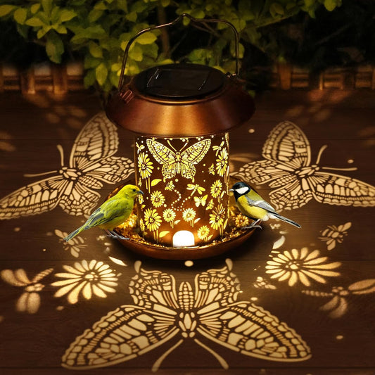 Solar Bird Feeders for Outdoors Metal Butterfly Lantern Hanging on a Tree Metal Wild Bird Feeder Decoration for Patio,Yard,Lawn,Pathway,Garden,Garden Decor Gifts for Bird Lovers Mom Friends