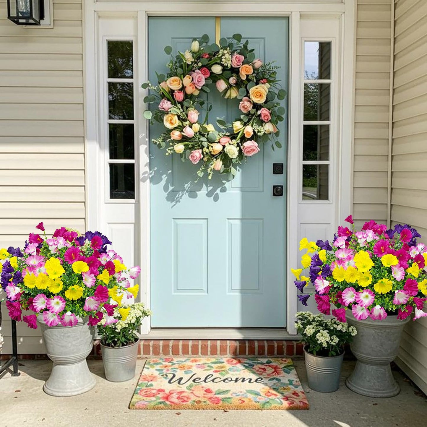 12 Bundles Artificial Flowers for Outdoors UV Resistant Morning Glory Artificial Flowers Fake Petunias for Home Front Porch Garden Patio Window Box Outside Indoor Planter Decor (4 Colors)