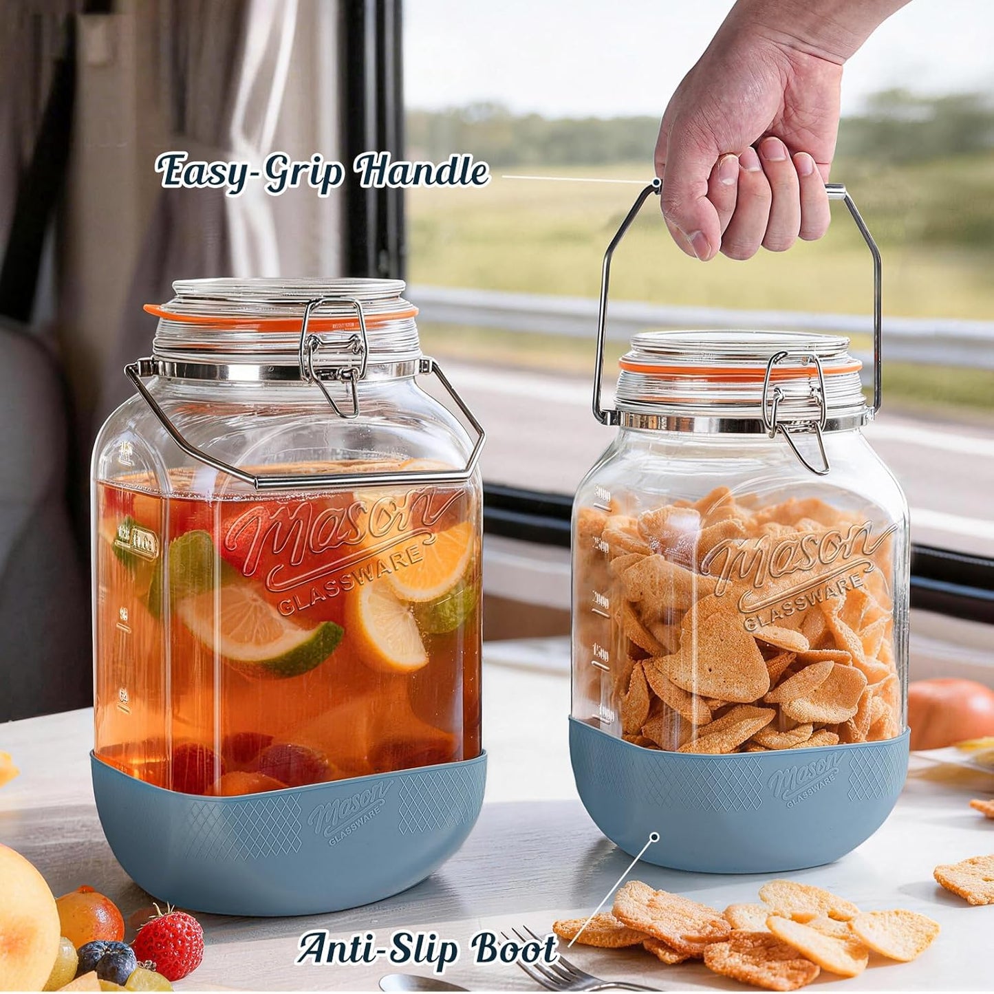 2 Pack Square 1 Gallon Glass Jar with Airtight Lid, Large Mason Jars Wide Mouth 128 Oz with Scale Marks & Handle, Glass Storage Containers with Anti-slip Base for Kitchen, Pantry, Laundry Room, Flour