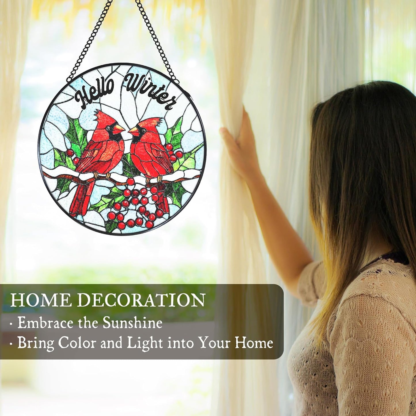 Cardinal Stained Glass Window Hanging Suncatcher, Hello Winter Christmas Bird Sun Catcher Indoor Window Decor, Cardinal Christmas Painted Glass Round Wall Hanging Decorations, 7.8x7.8 in