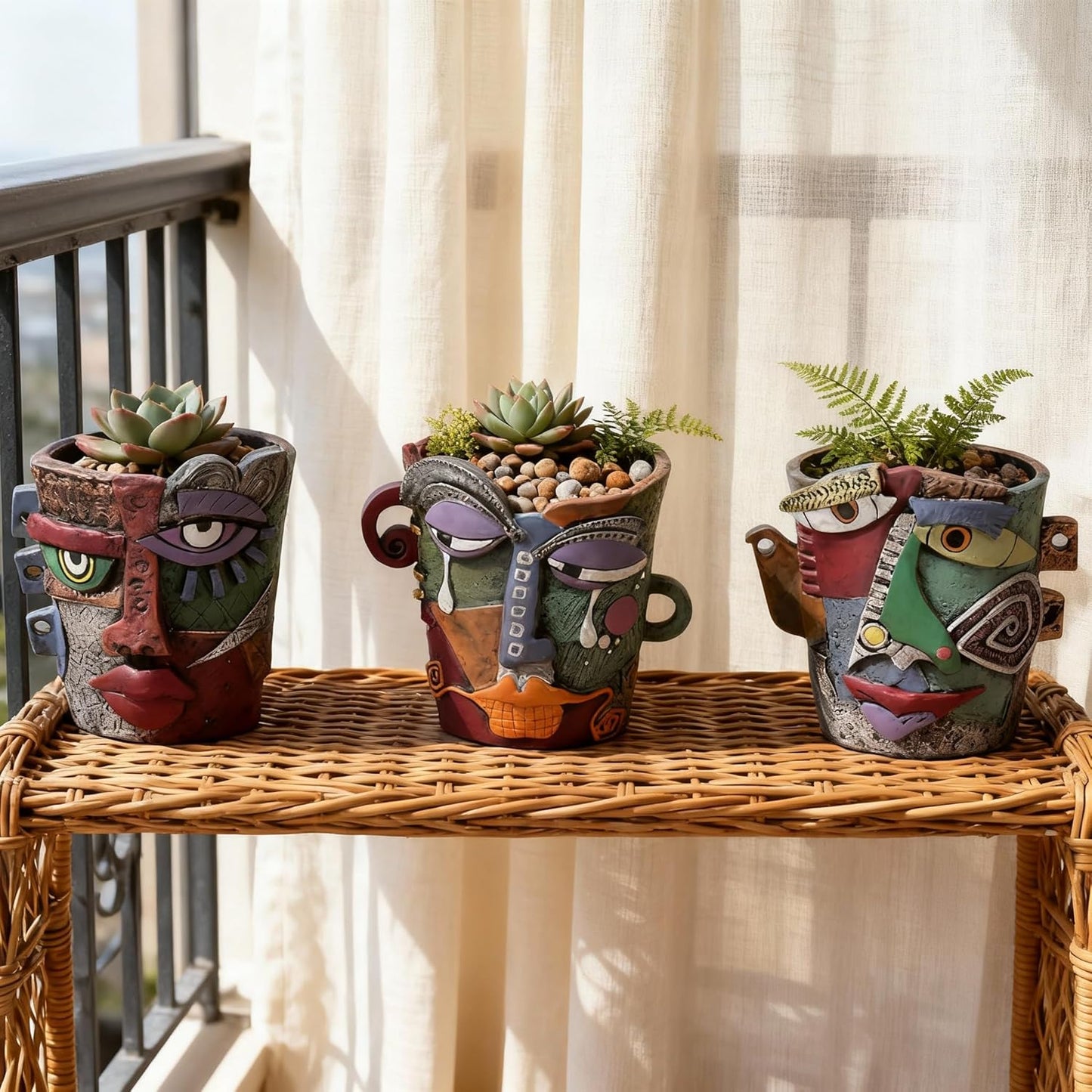 Mini Face Planters 3PC Set – Unique Resin Art Flower Pots for Succulents, Cacti & Small Plants – Decorative Funny Plant Pots for Indoor & Outdoor, Face Planter Gift, Picasso‑Inspired
