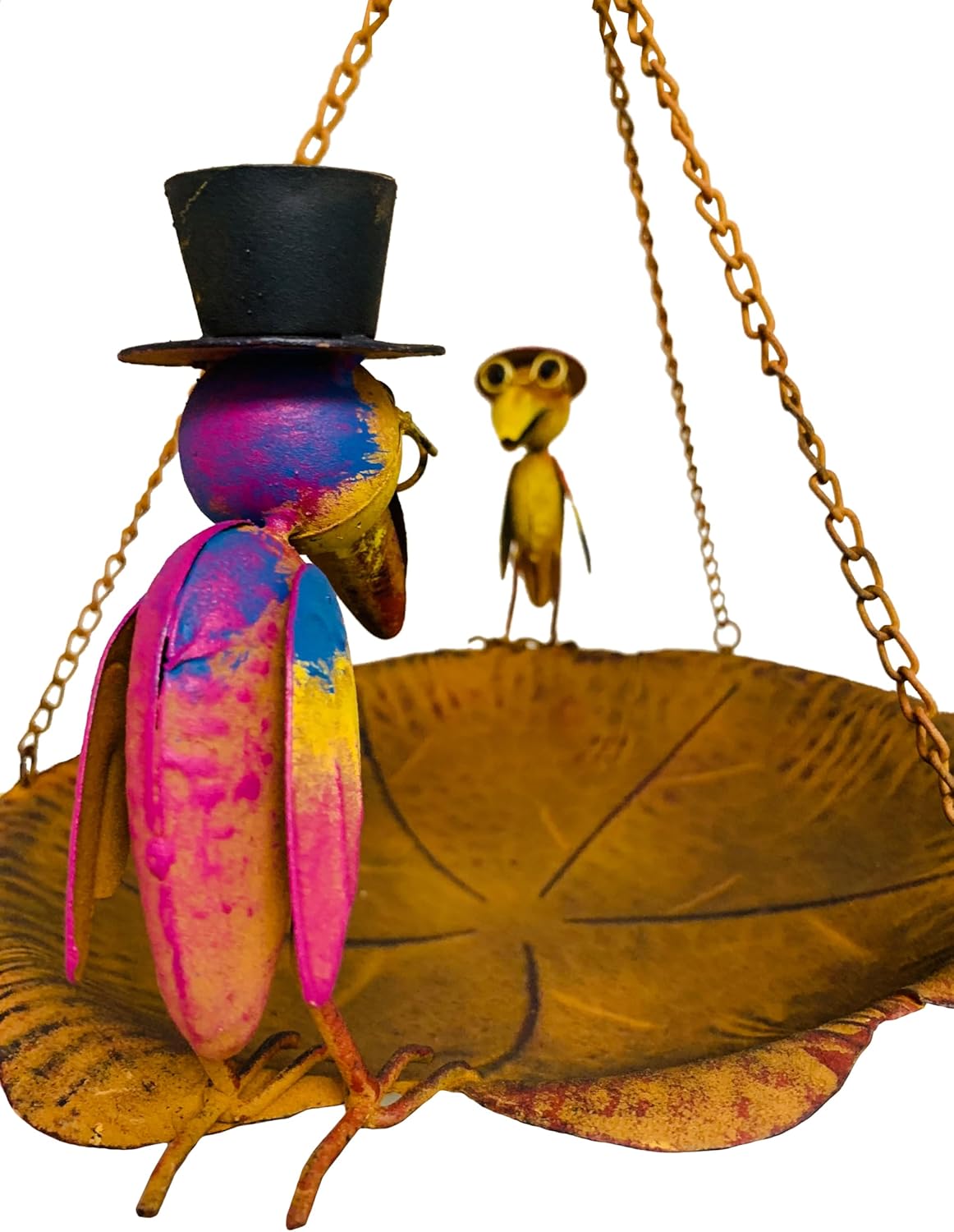 Continental Art Center Rustic Metal Hanging Bird Feeder with Two Old Crows Stand On The Plate