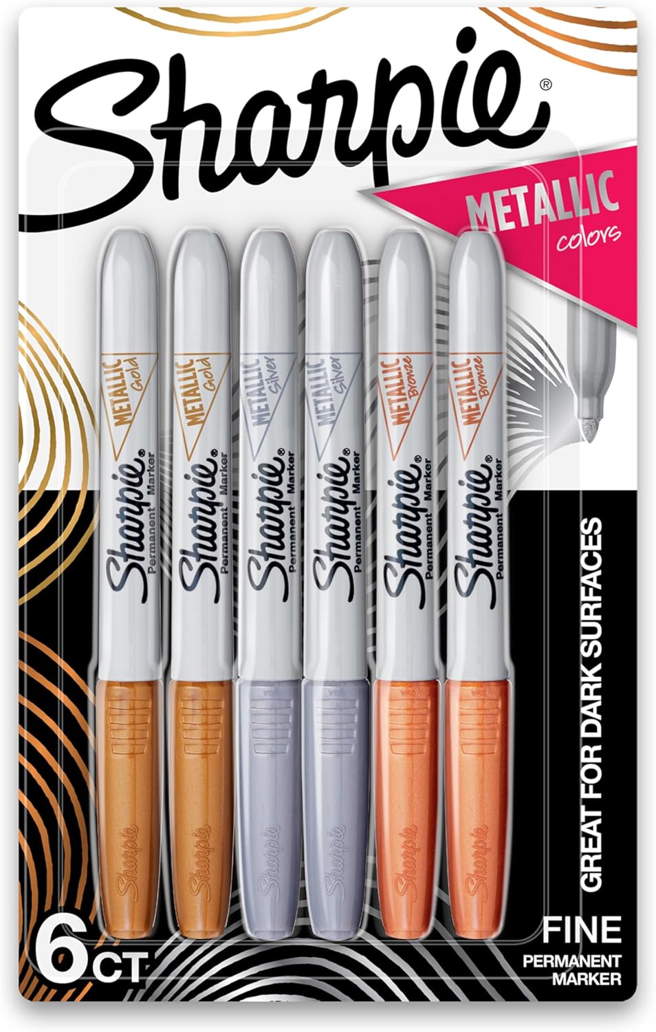 Sharpie Metallic Permanent Markers, Fine Point, Assorted Metallic, 6 C