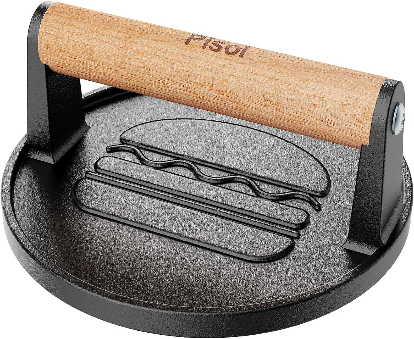 Pisol Smash Burger Press, Pre-Seasoned Cast Iron Hamburger Smasher, 2 lb Heavy-Duty Grill Bacon Meat Press Tool with Wood Handle, 6.6”