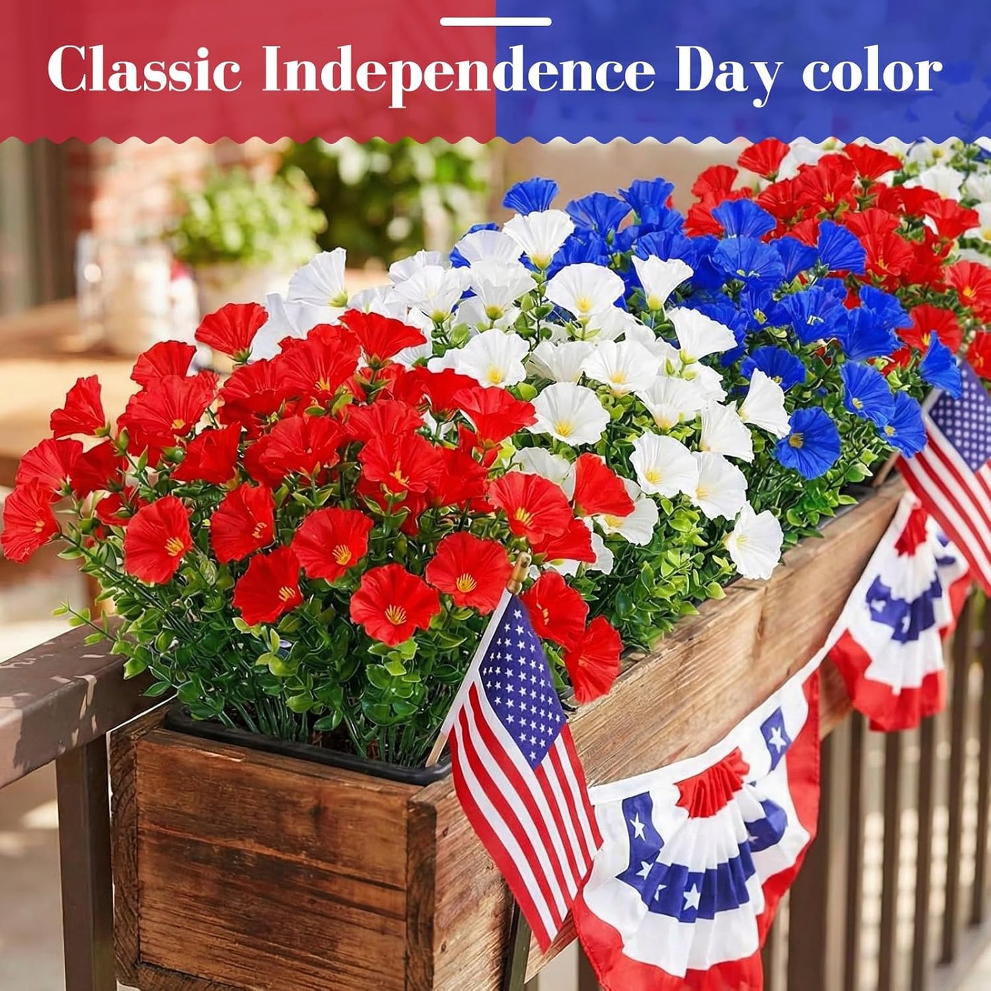 Dingion 12 Pcs Red White Blue Artificial Flower Petunias UV Resistant Patriotic Outdoor Decoration for July 4th Independence Day National Day Short Stem Plastic Flowers for Pot Window Planter Garden