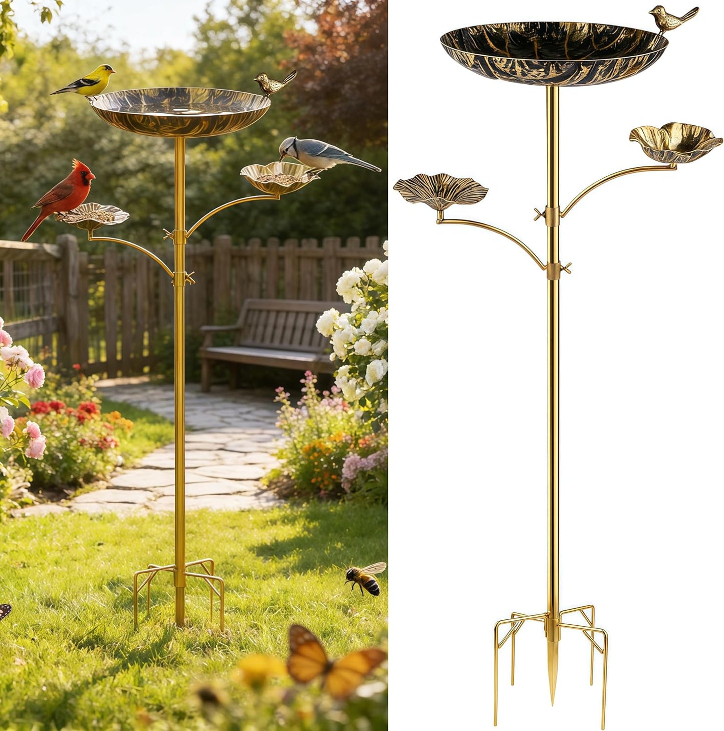 Triple Bowl Bird Bath for Outside, 3-in-1 Bird Bath & Feeder with 4-Claw Ground Stake, 51in Height, 11.8in Large Top Bowl, Outdoor Birdbath for Garden Patio Yard Decor, Antique Bronze