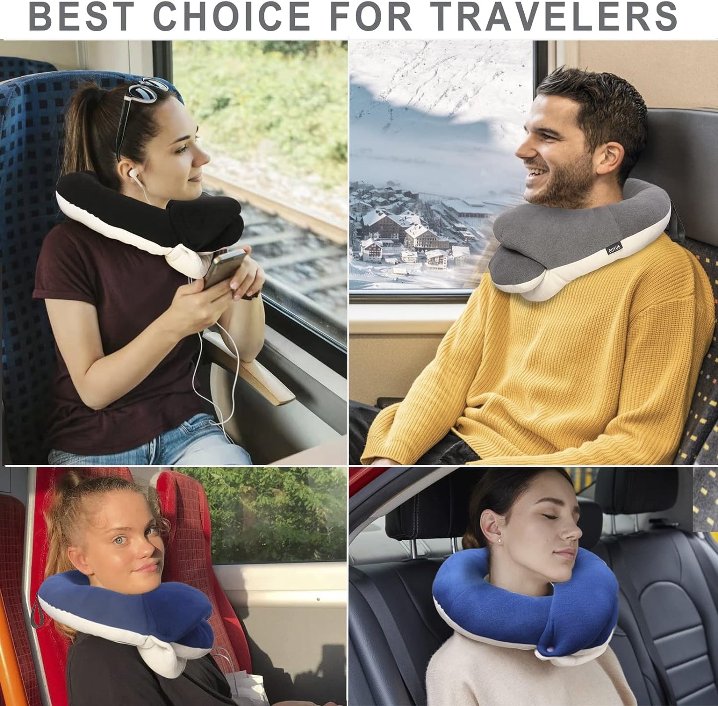 BUYUE Travel Neck Pillows for Airplanes, 360° Head Support Sleep for Long Flight, Skin-Friendly & Breathable, Kit with 3D Contoured Eye Mask, Earplugs and Storage Bag (Adult, Grey, 90+ lbs)