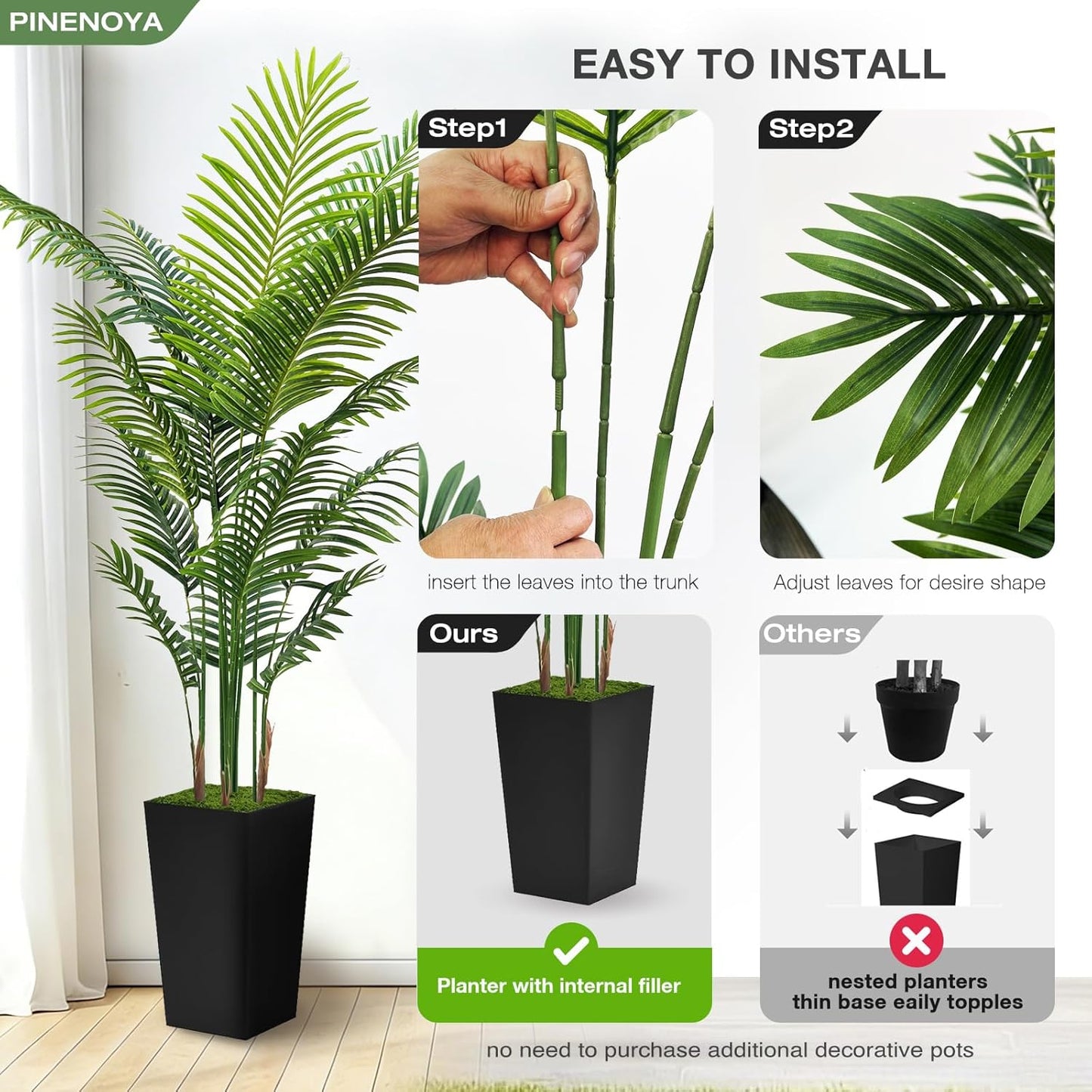 Artificial Palm Tree 6FT - Fake Tree with Black Tall Planter - Faux Tr
