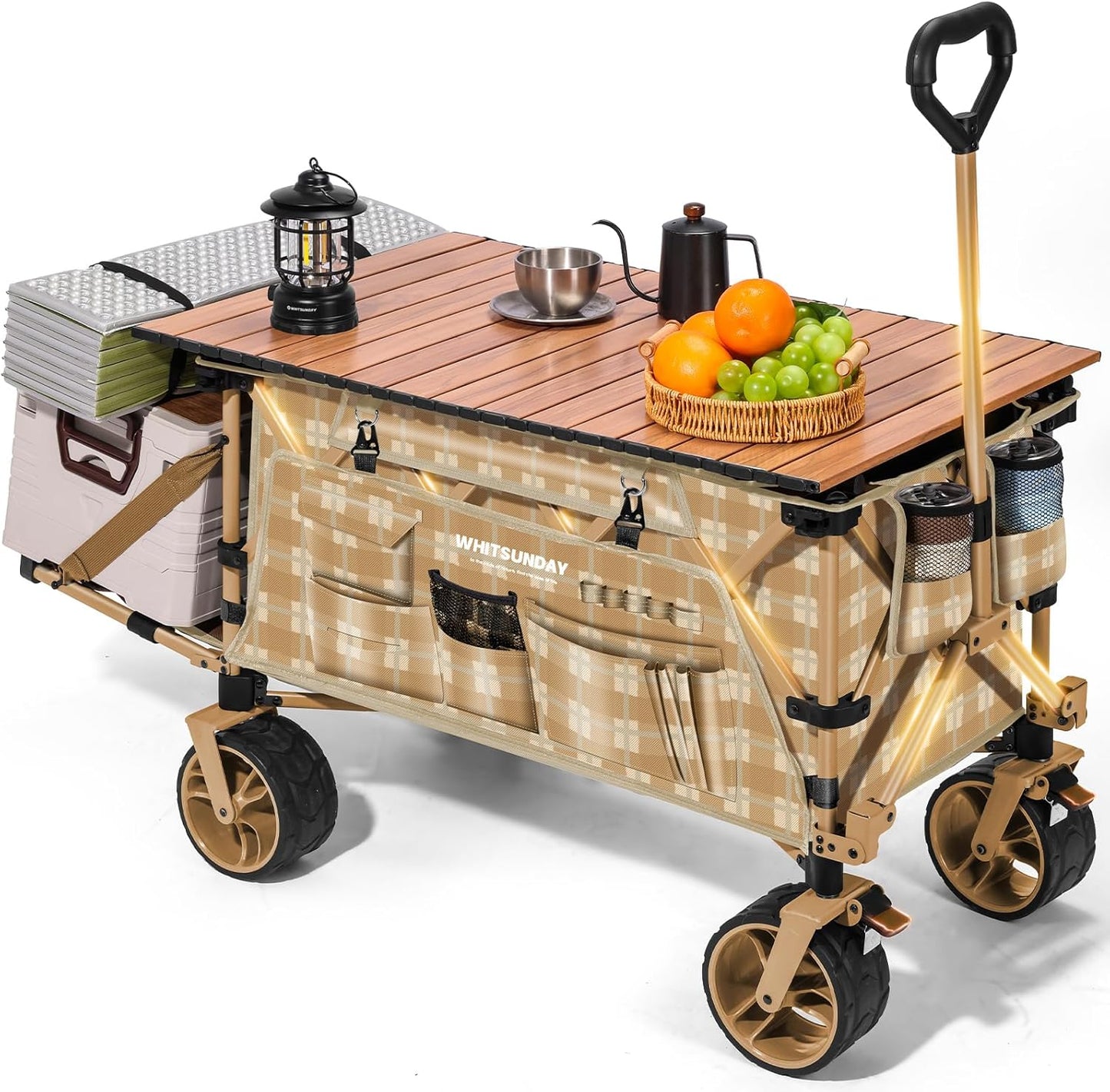 WHITSUNDAY Collapsible Folding Wagon with Table, Heavy Duty Utility Beach Wagons with All-Terrain Wheels for Camping,Garden,Sports Yellow