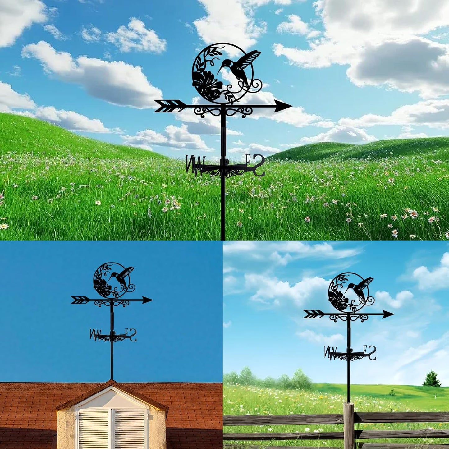 Hummingbird Weather Vane Outdoor Garden Wind Vane Black Bird Flower Pattern Iron Decorative Weathercock Wind Direction Indicator Tool for Farmhouse Sheds Yard Home Decoration 10.4 x 14 Inch