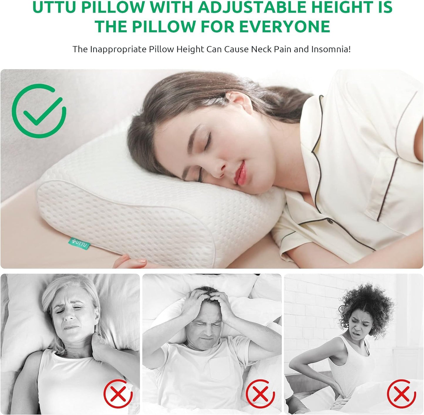 UTTU Cervical Pillow for Neck Pain Relief, Memory Foam Neck Pillow for Sleeping, Adjustable Orthopedic Sandwich Pillow, Contour Cooling for Side Back Stomach Sleeper, Queen(23.6"×14"×5.2"/4.5")