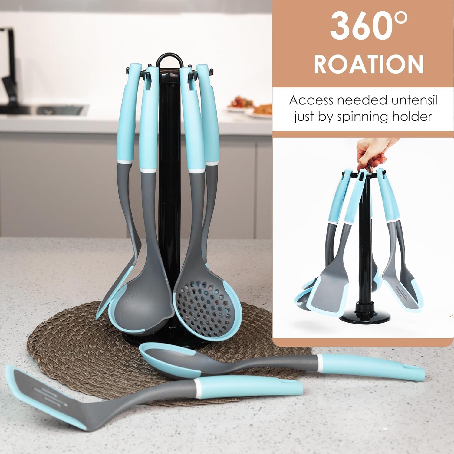 Kitchen Cooking Utensils Set, Non-Stick Spatula Set with Rotating Stan