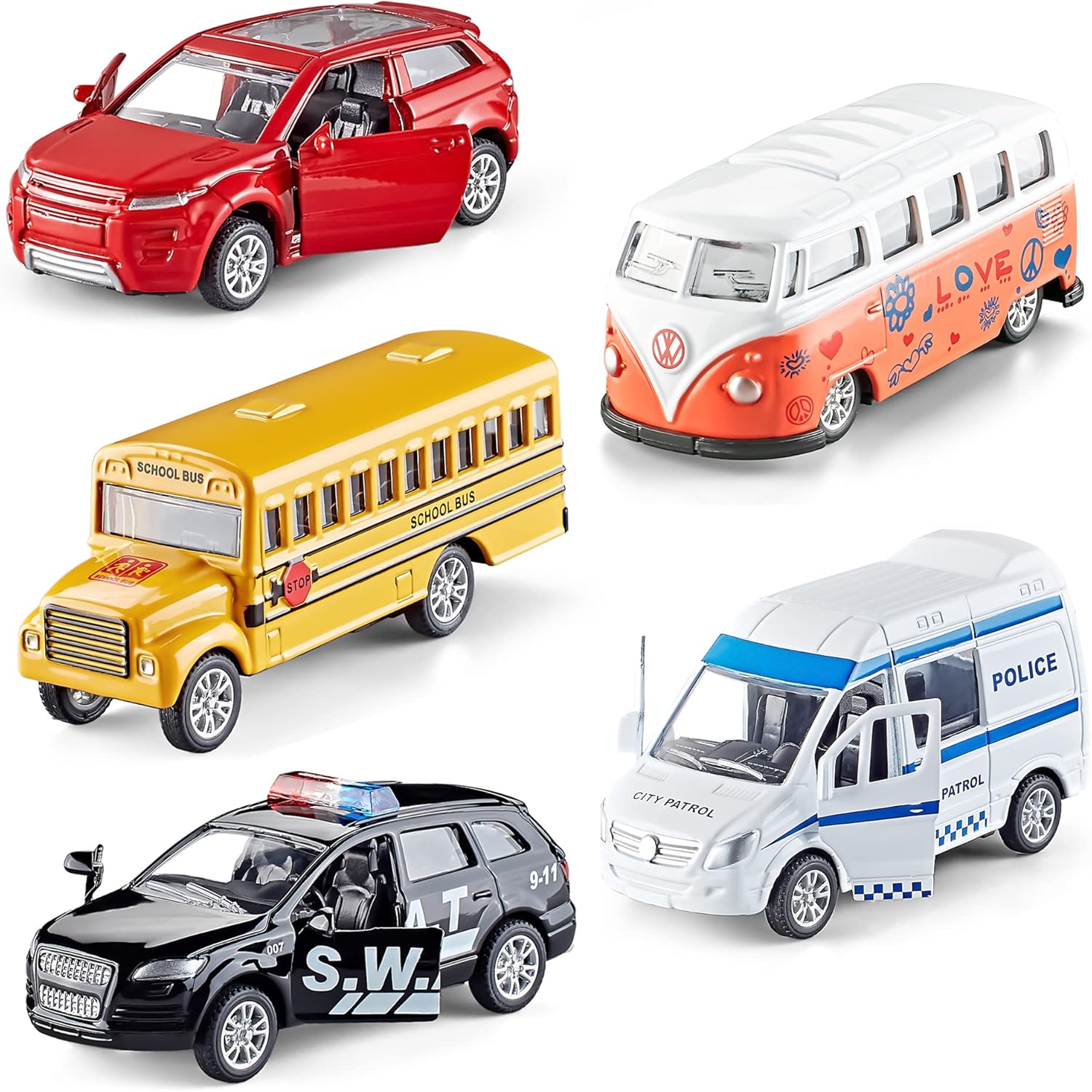 KIDAMI Die-cast Metal Toy Cars Set of 5, Openable Doors, Pull Back Car