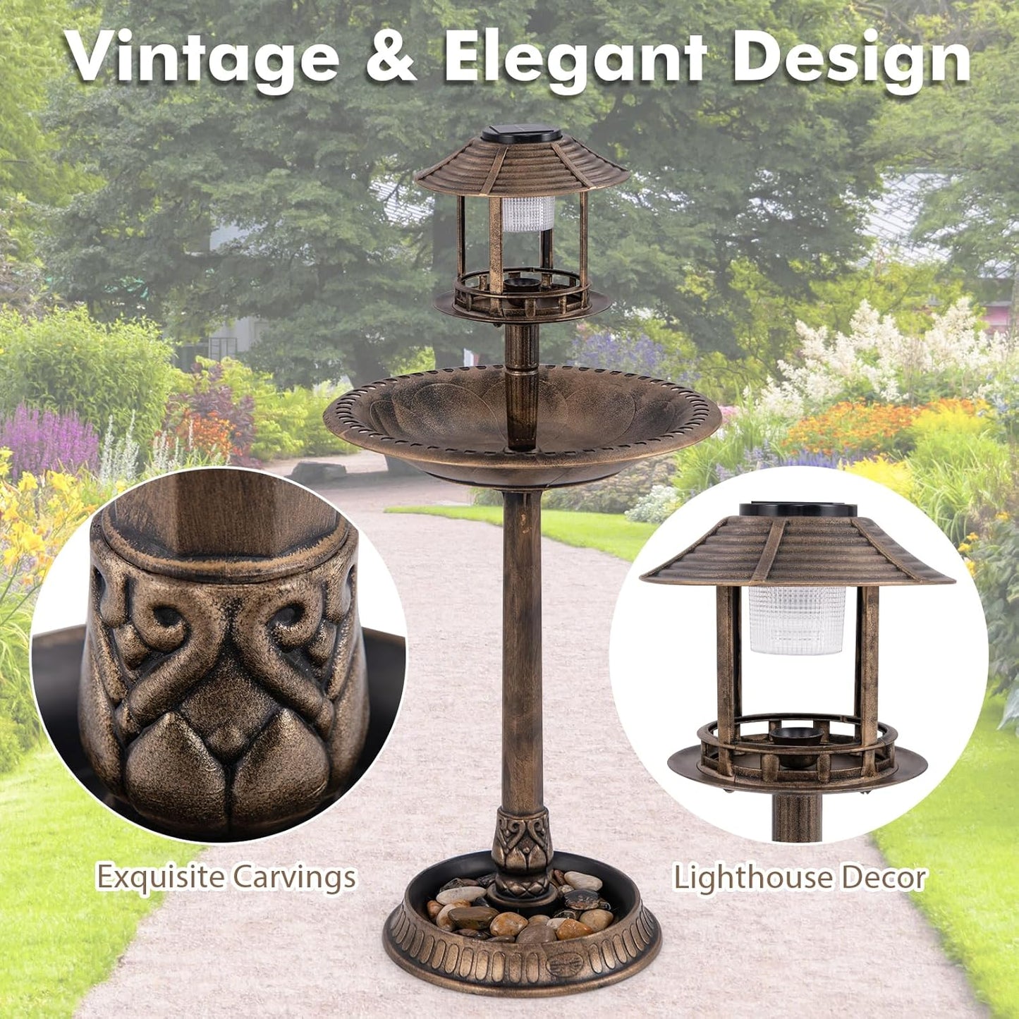 BECOMFORT Solar Bird Bath, Vintage Pedestal Birdbath with Solar Powered Lamp, Bird Feeder, Flower Planter Base & 3 Ground Stakes, Plastic Bird Bath for Outside, Garden, Yard & Outdoor (Bronze)