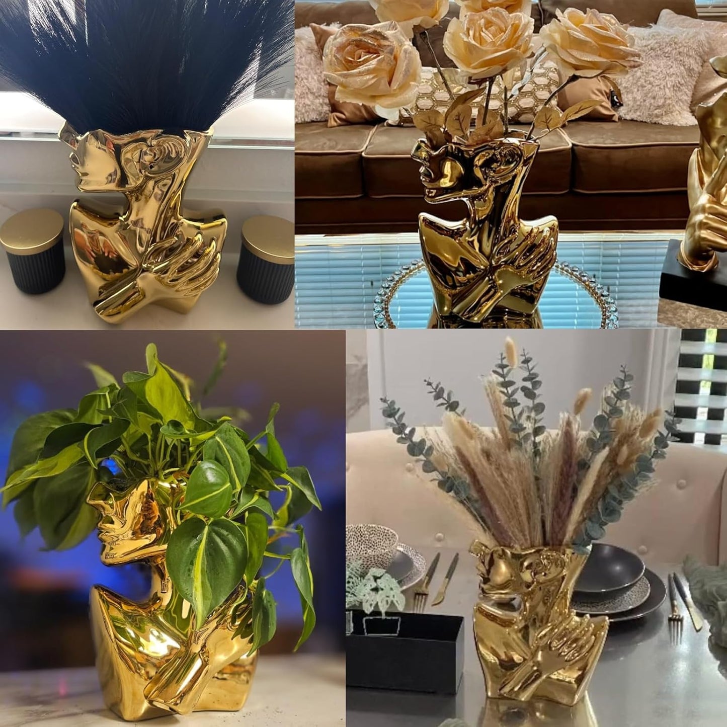 Notakia Succulent Planter Bust Vase Small Face Plante Head Face Vase Home Decoration Succulent Cactus Indoor Plant Pot (Gold)