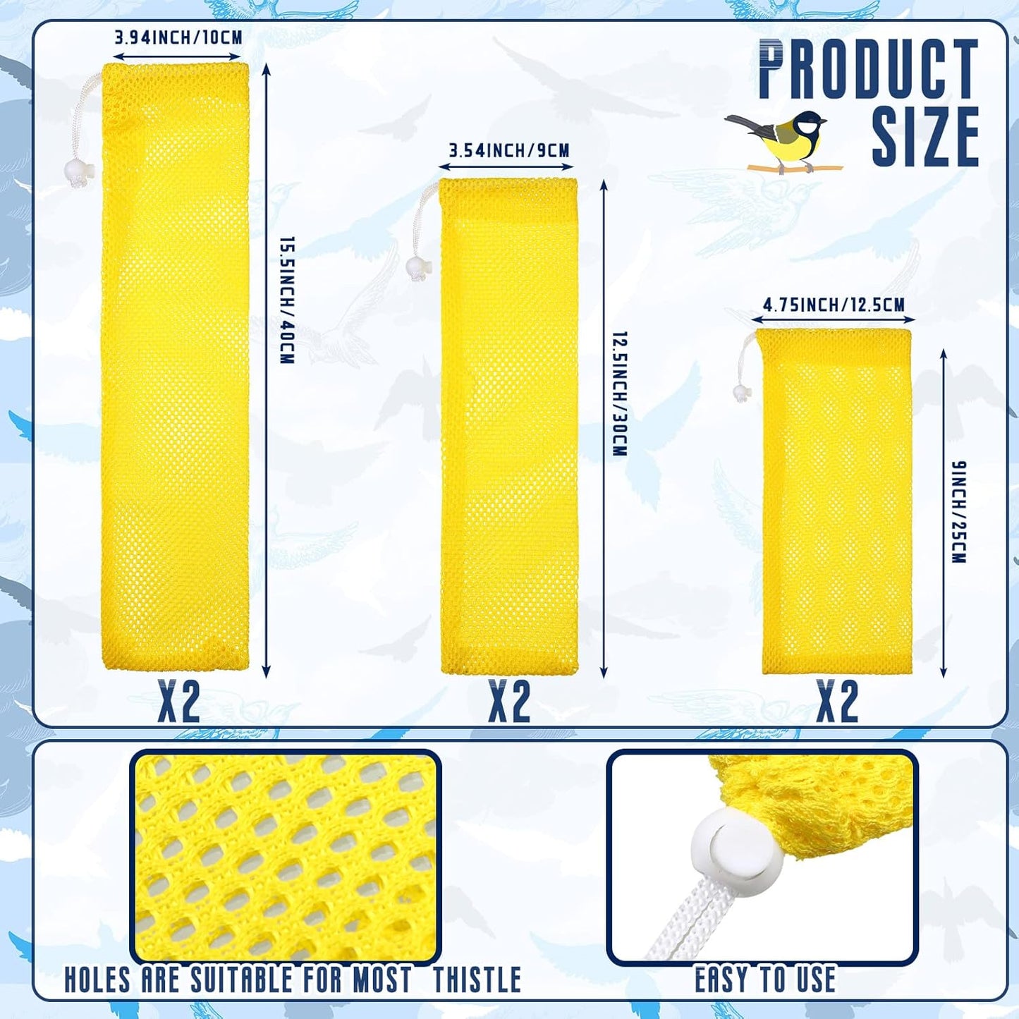 Shappy 6 Pieces Finch Sock Feeder Finch Feeders for Outdoors Hanging Thistle Bird Sock for Thistle Seed Bird (Yellow, 3.94 x 15.5 Inch, 3.54 x 12.5 Inch, 4.75 x 9 Inch)