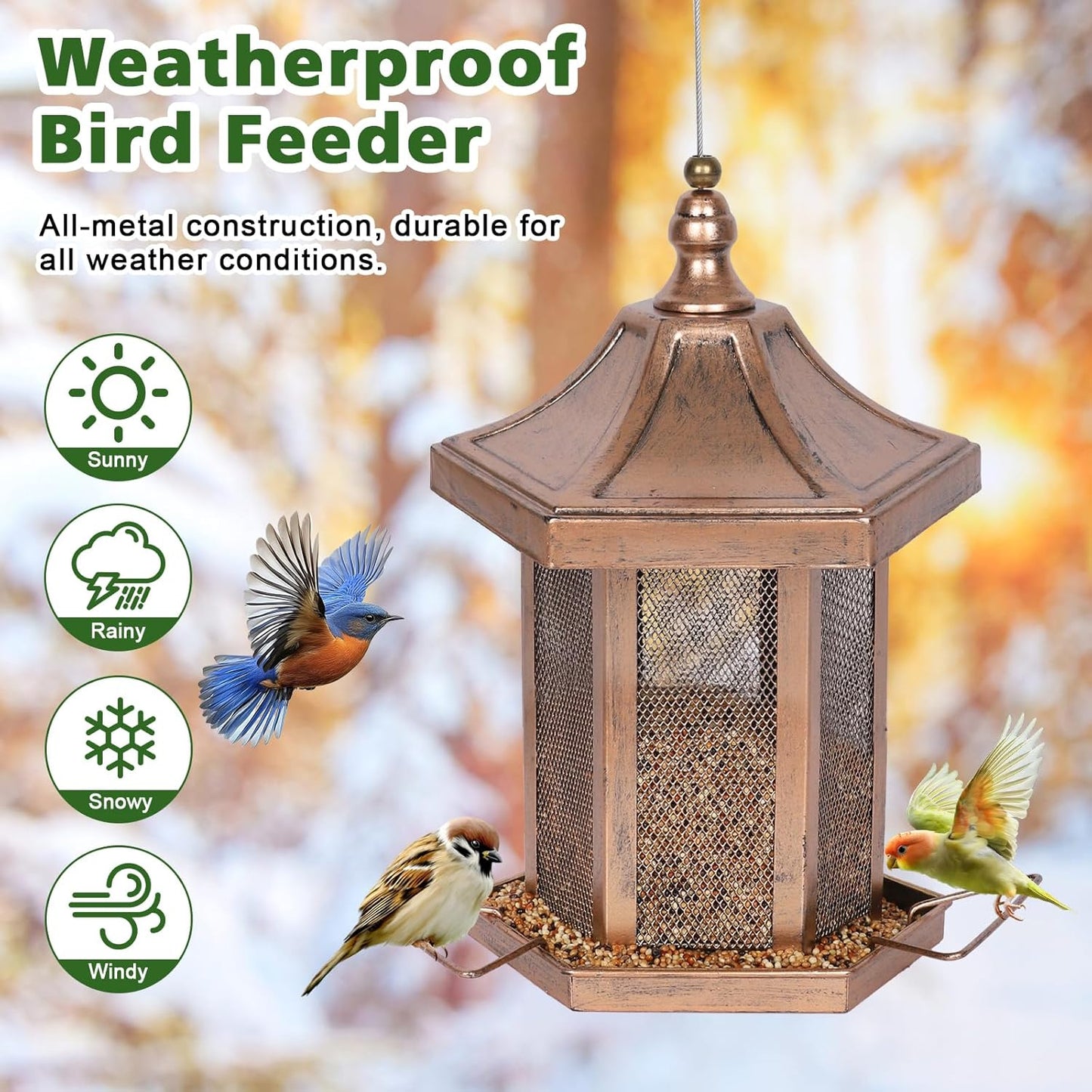 Metal Bird Feeder for Outdoors Hanging, Hexagon Bird Feeders for Garden Yard, 3LB Wild Birdfeeder Squirrel Proof for Outside