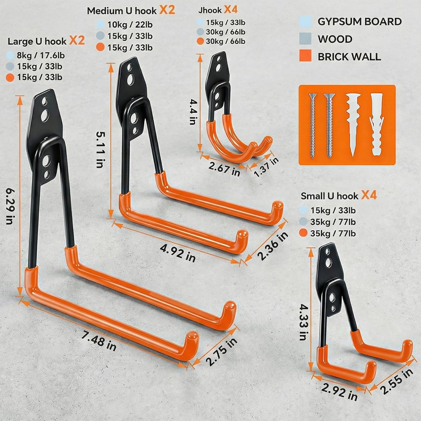 12 Pack Heavy Duty Garage Hooks, Steel Wall Mount Utility Hooks with Anti-Slip Coating, Storage Organizer for Hanging Ladders, Bikes, Power & Garden Tools, Hose, Ropes and Bulk Items-Orange