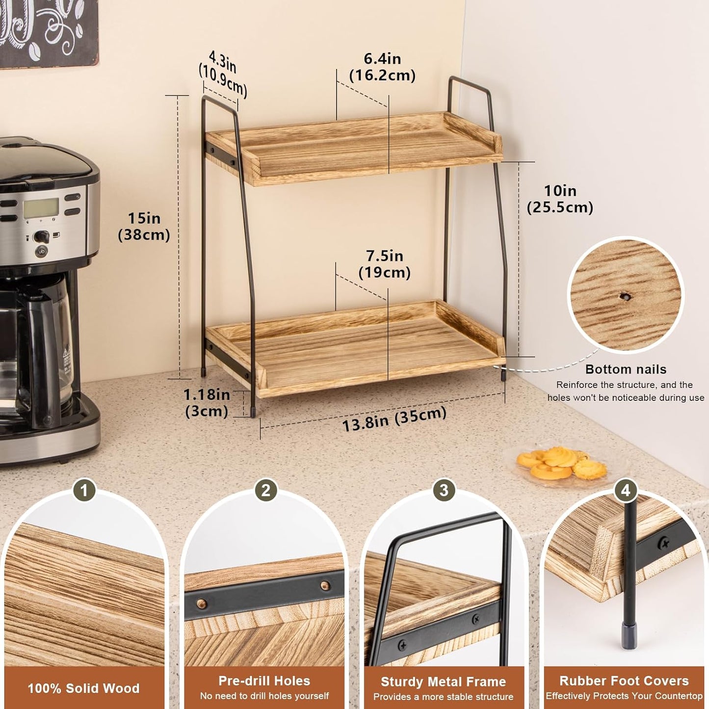 Countertop Coffee Station Organizer, 2 Tier Wooden Shelf for Coffee Ba
