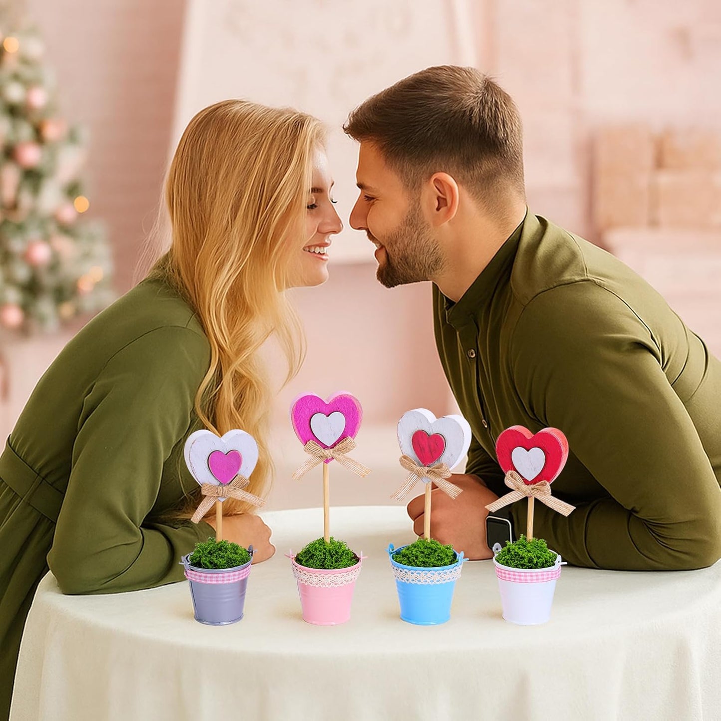 4 Pcs Valentines Heart Pot Wood Decoration, Mini Rustic Candy Heart Potted Sign, Artificial Valentine's Day Plant Potted Tabletop for Centerpiece Tiered Tray Decor Gifts