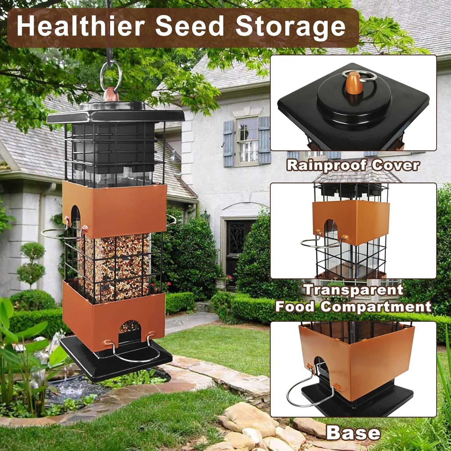 Squirrel Proof Bird Feeder, 3LBS Large Capacity Metal Hanging Bird Feeders for Outdoors, Weight-Activated Perches Wild Birdfeeder for Blue Jay, Cardinal (Brown)
