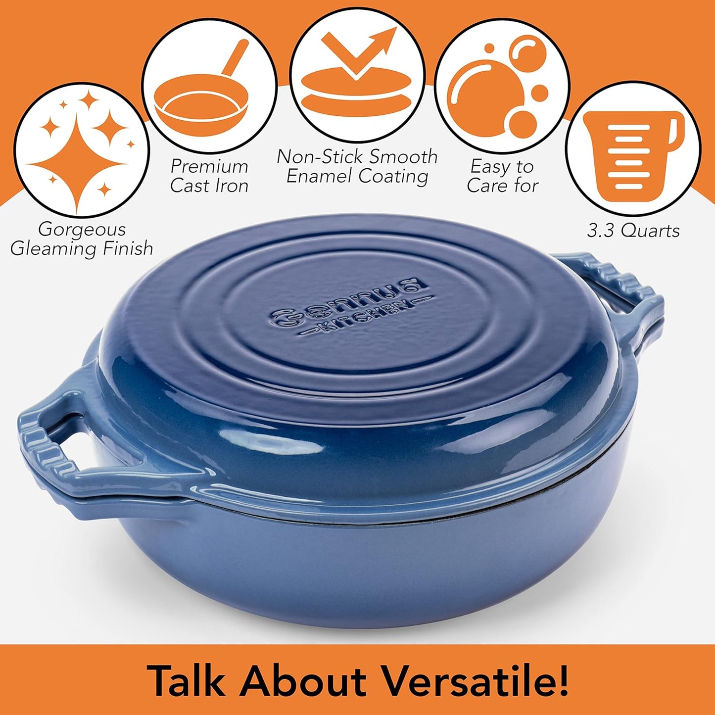 2-in-1 Enameled Cast Iron Braiser Pan with Grill Lid - 3.3-Quart Small