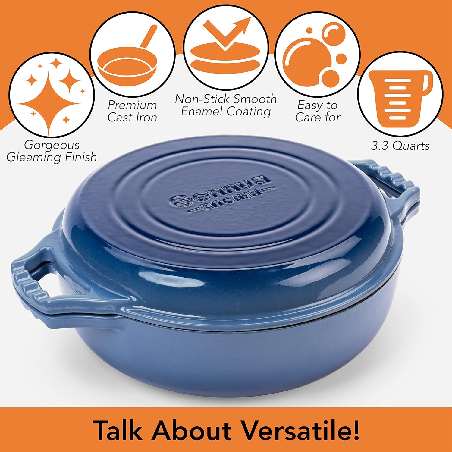 2-in-1 Enameled Cast Iron Braiser Pan with Grill Lid - 3.3-Quart Small