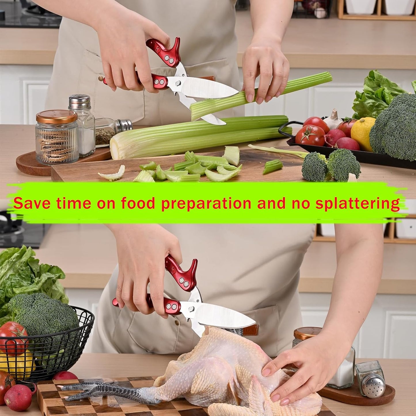 kitchen scissors all purpose Heavy Duty Household Kitchen shears with Safety Buckle for Kitchen Food Handling, Barbecuing,Garden, Camping Poultry Scissors Red
