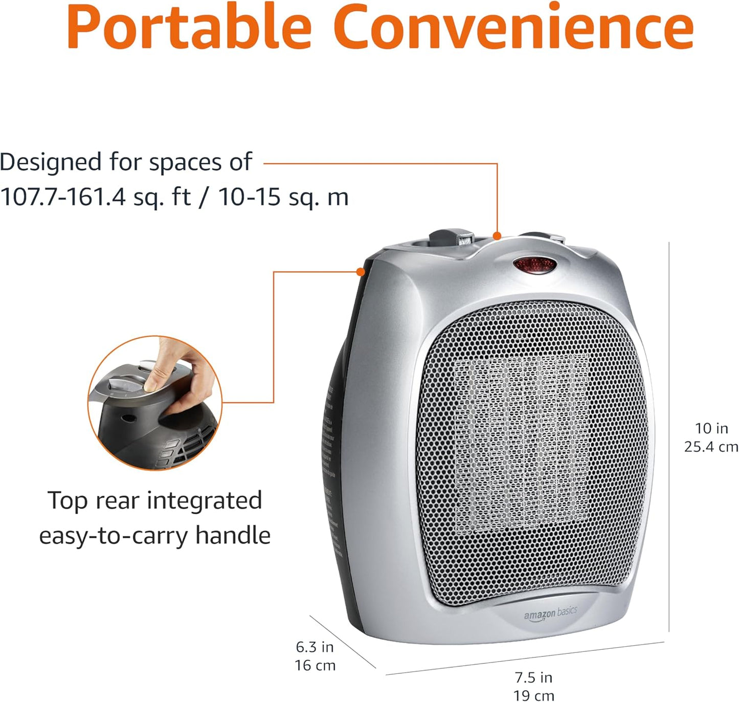 Amazon Basics Ceramic Space Heater, Portable Indoor Heating Solution, With Overheat and Tip-Over Protection, Thermostat, Non-Oscillating, 1500W, Fast Heating, 7.52"D x 6.34"W x 9.45"H, Silver