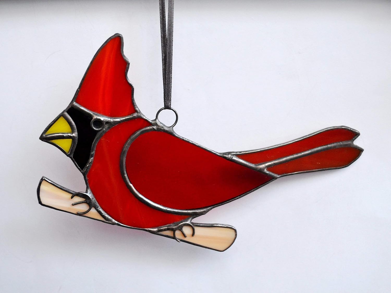Stained Glass Red Cardinal Perched on Branch Suncatcher for Window Han