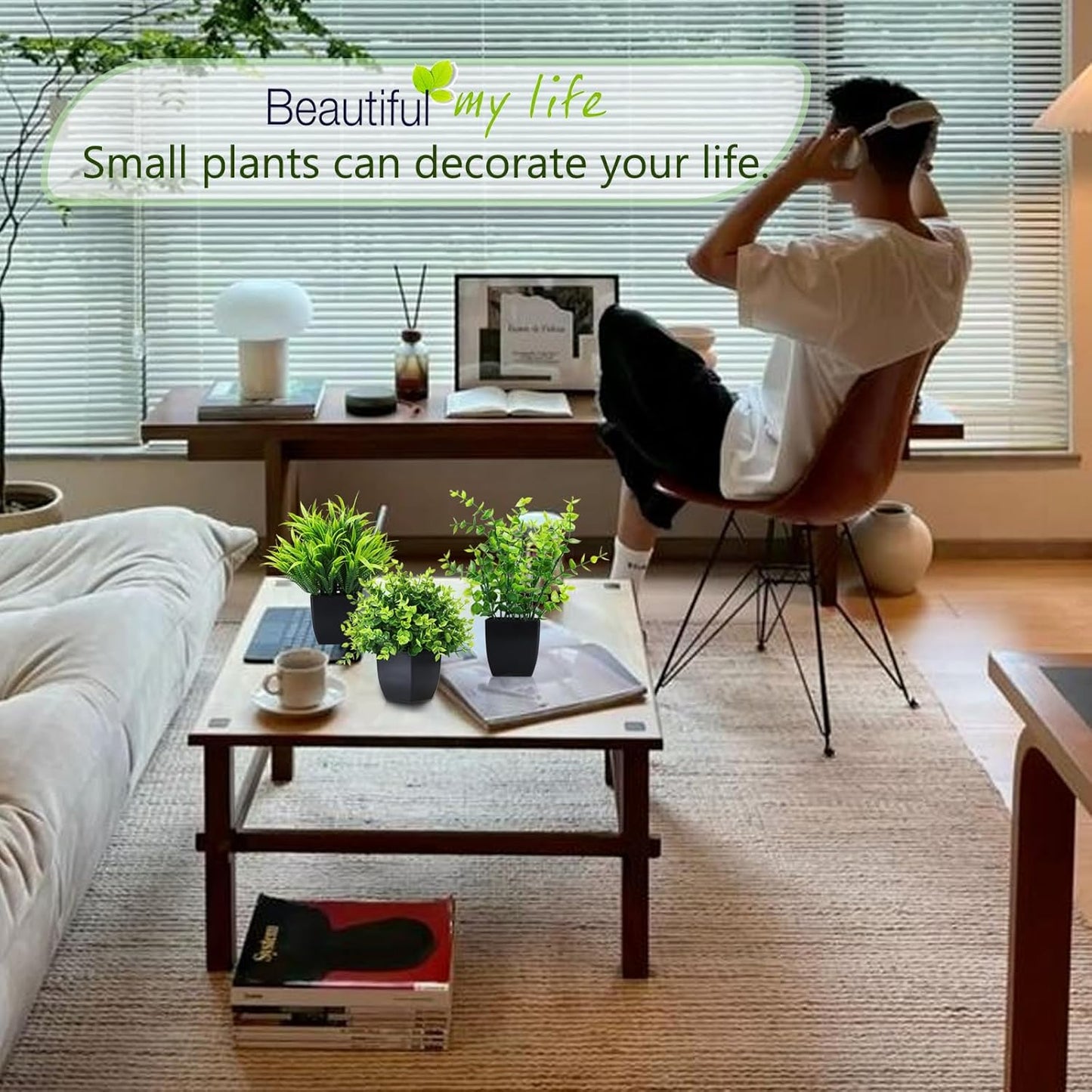 GREENTIME Artificial Potted Plants Set of 3 Mini Fake Plant 3 Pack Small Eucalyptus Black Potted Wheat Grass Faux Greenery for Home Office Desk Bathroom Shelf Bedroom Indoor Decorations